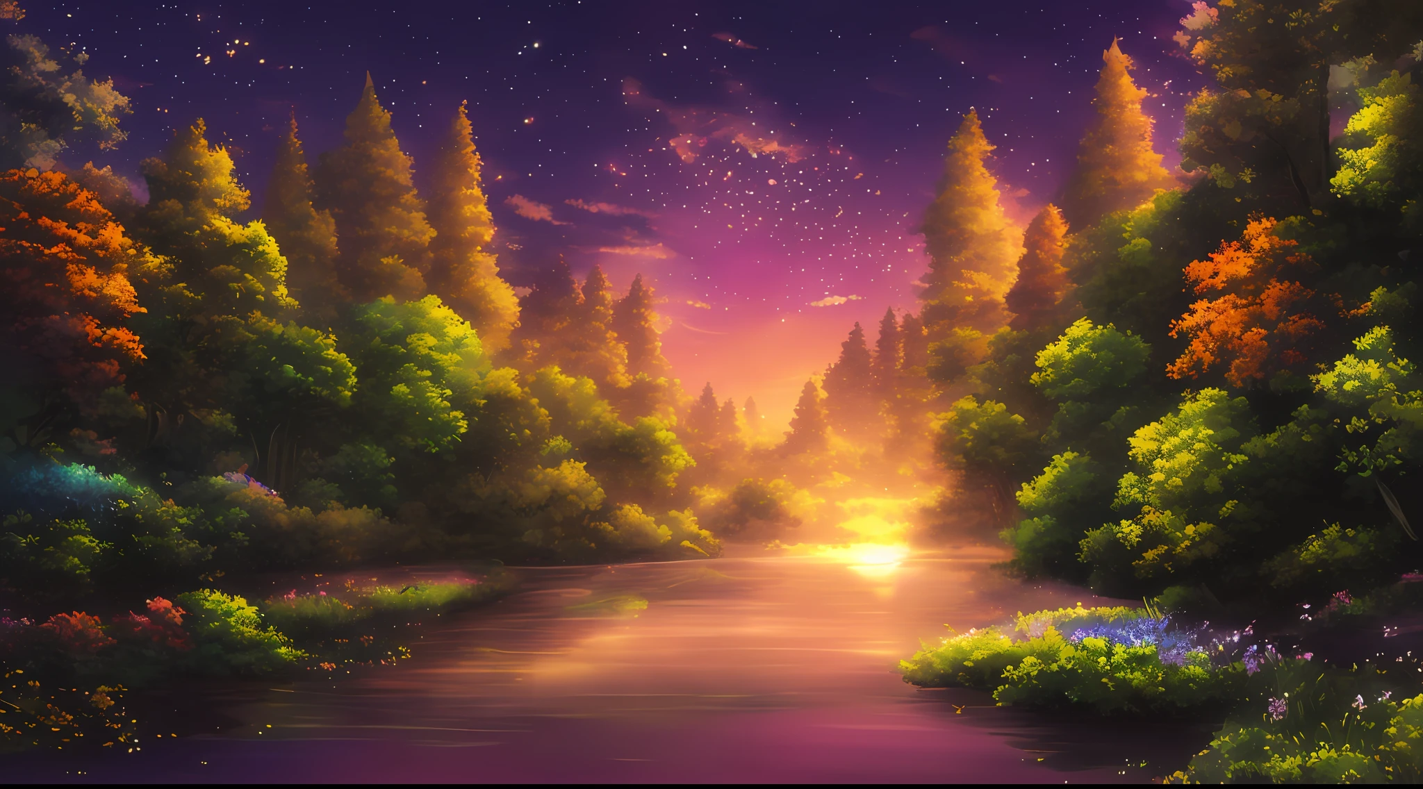 forest, night, multiple creeks, wet air, birds, (scarlet sunset), crystal clear water, glowing particles, scenery, (vast gradient skies:1.05), (mountains:0.8)