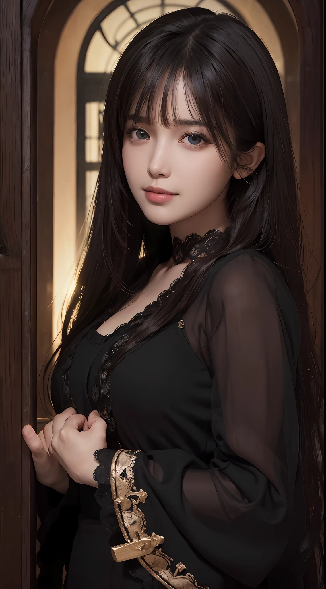 (Ultra Realistic), (Illustration), (Increased Resolution), (8K), (Extremely Detailed), (Best Illustration), (Beautiful and Detailed Eyes), (Best Quality), (Ultra Detailed), (Masterpiece ), ( wallpaper), (detailed face), solo, 1 girl, looking at viewer, fine details, detailed face, in the dark, deep shadows, low key, pureerosfaceace_v1, smiling, long hair, black shawl straight hair , 46 points oblique bangs