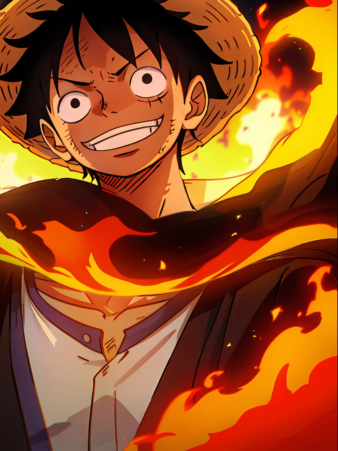 1boy, wanostyle, monkey d luffy, smiling, straw hat, looking at viewer, solo, upper body, ((masterpiece)), (best quality), (extremely detailed), depth of field, sketch, dark intensive shadows, Sharp focus quality, gentlesoftlighting, hdr, colorful, Good composition, There were fires all around, spectacular, Closed shirt, Anime screenshots, Scars under the eyes, preparing to fight, Black eyes fight without a shirt