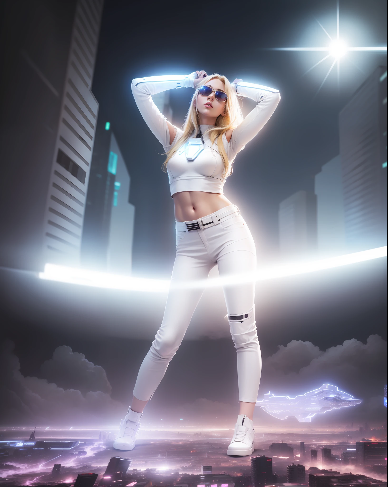 Blonde girl sunglasses top white pants white cybernetic armor on futuristic city street