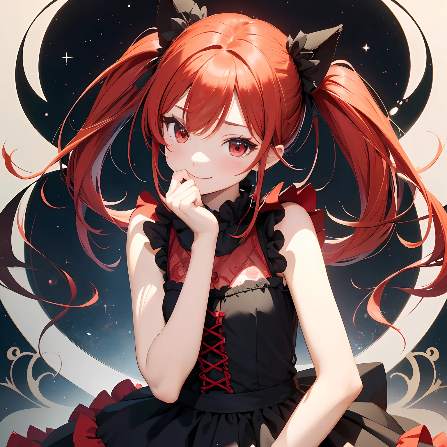 Anime filling,Two-dimensional illustration,Red hair,Half Twin Tail,shorth hair,Big eyes,A smile,a beauty girl,cute little,Super Cute,Black cat ears,Red Eyes,Ruffled Clothes,Black lace clothes,Inner colorGreen,One girl,Full body painting,A masterpiece of 2D art,(masterpiece,Top image quality:1.3),(detaile:1.2),(1人) --auto