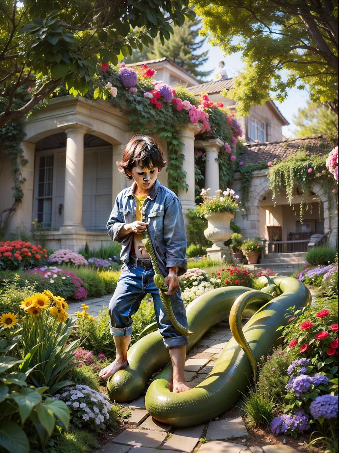 nature scenery, colorful plants and flowers, child boy stepping on a serpent's head, clothes from the time of Jesus Christ, 8k, realistic, beautiful art, best quality, beautiful and green garden