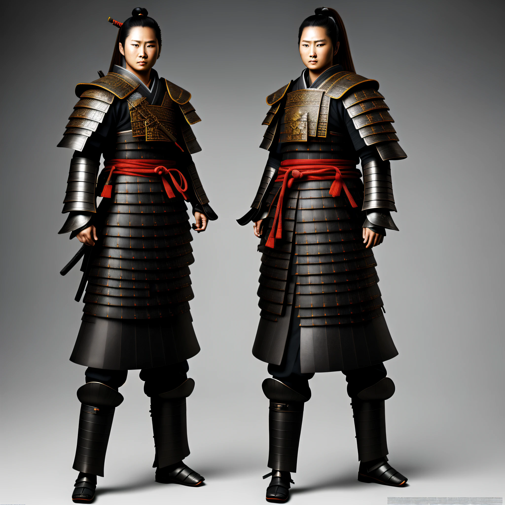 a photo of a samurai standing, front view, (full body:1.4), studio lighting, masterpiece, 16k resolution, insane details