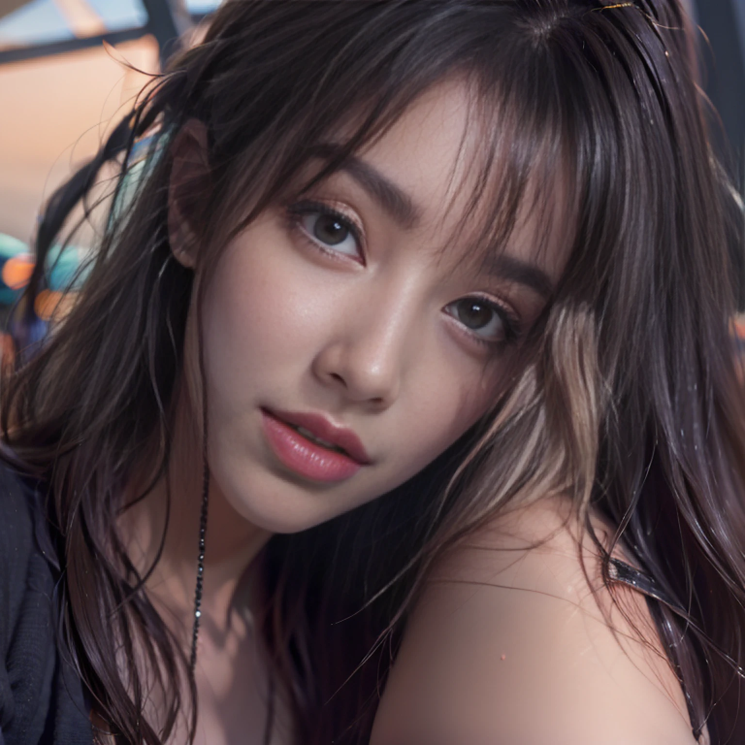 Nikon RAW photos,8K quality,Fujifilm XT3,tmasterpiece,best qualtiy,realisticlying,ultra - detailed,1 girl,独奏,closeup portrait,huge breasts1.3,Rooftop outdoor pool,Fully ?????,Lingerie transparent,cabelos preto e longos,rich facial detail,Fine fine skin,tempting pose,hair straight