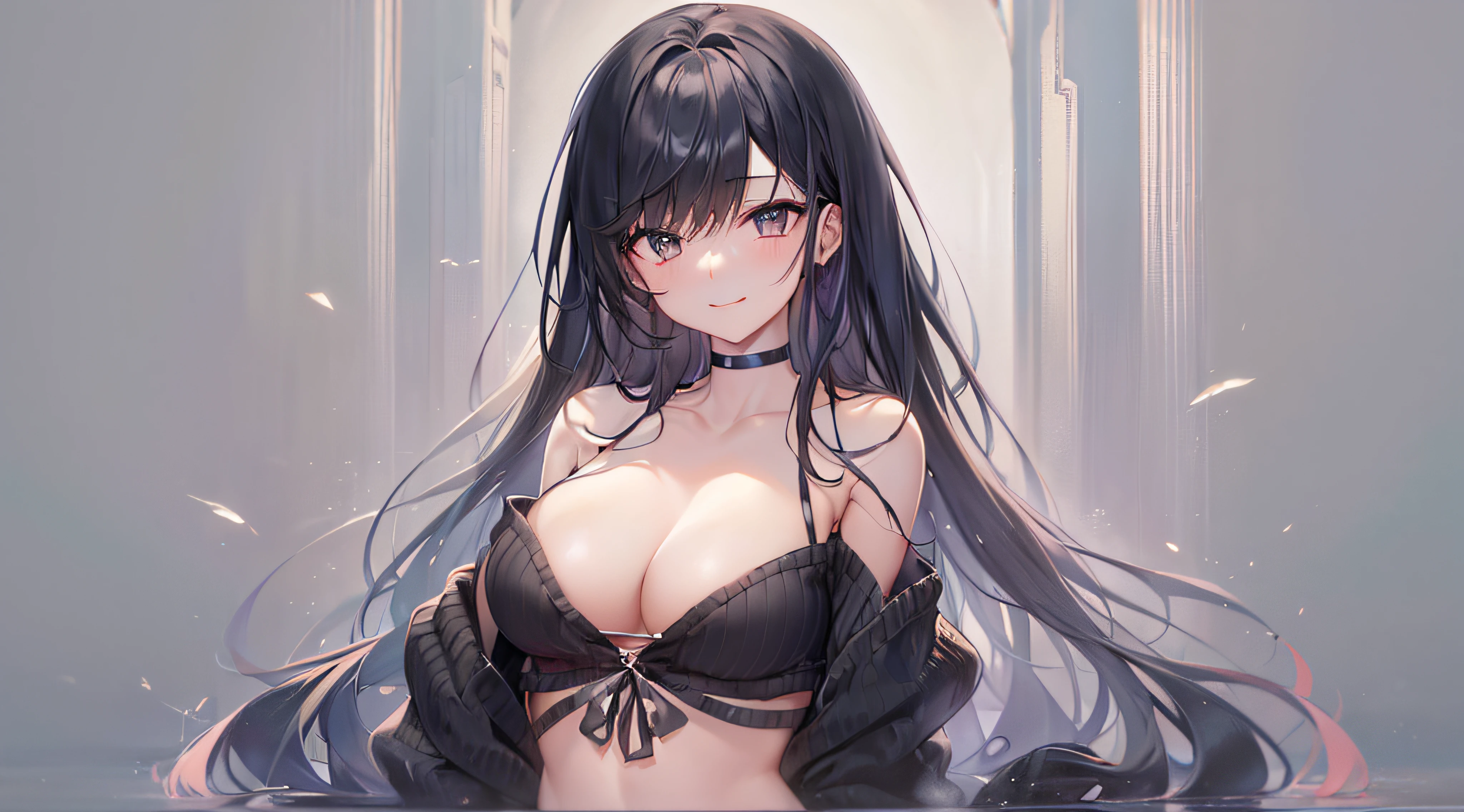 (((Chest opening off-shoulder sweater))) 、One Person、 Long black hair with slightly wavy hair、Black eyes、Superlative quality、((Top-notch image quality))、Neat and clean girls、beautiful a girl、Erotic look、Dainty girl、(((Poses)))、lightsmile、face perfect、(((fullllbody)))、Black Choker、Looking at Viewer、pale skin、Bare legged、Very detailed 8k wallpaper