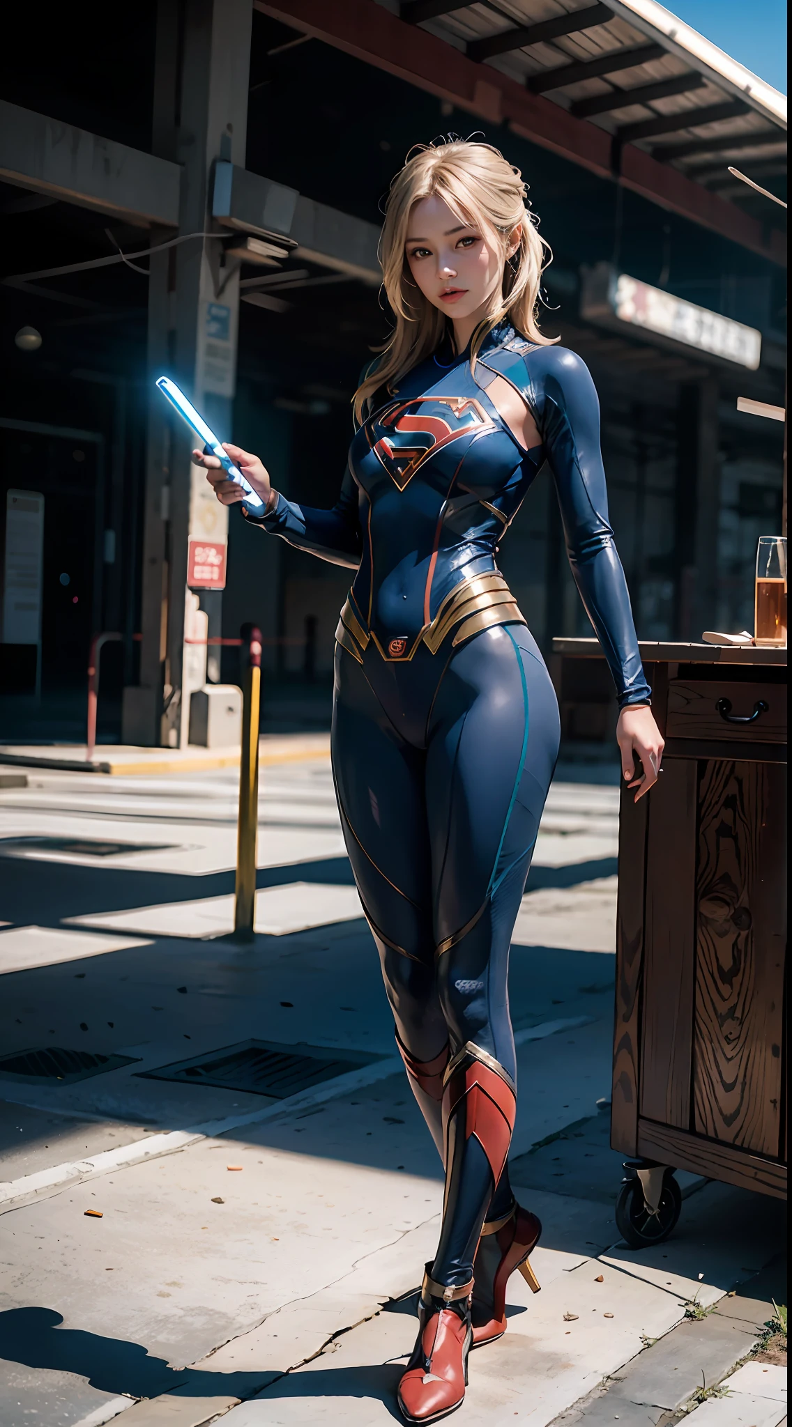 Supergirl，little breast，(1girll:1.3), 独奏,__body parts__, offcial art, 统一 8k 壁纸, ultra - detailed, Beautiful and aesthetic, big breasts beautiful, tmasterpiece, Best quality at best, primitive，tmasterpiece，ultra fine photos，，best qualtiy，超高分辨率，Photoreality，rays of sunshine，full-body portraits，stunningly beautiful，，dynamicposes，delicated face，Vibrant eyes，（seen from the front），She wears a futuristic Superman suit，Blue color scheme，（Lightsaber in hand），Uppercase S on the chest，Very detailed abandoned warehouse background，detailed face with，Detailed and complex busy background，Untidy，opulent，milkyW，Highly detailed skin，Realistic details of skin，Visible Pore，tack sharp focus，volume fog，8K  UHD，digital SLR camera，high qulity，filmgrain，White skin of the，photo-realism，DL，Huge metropolis in a dystopia of the future , look from down, semi transparent