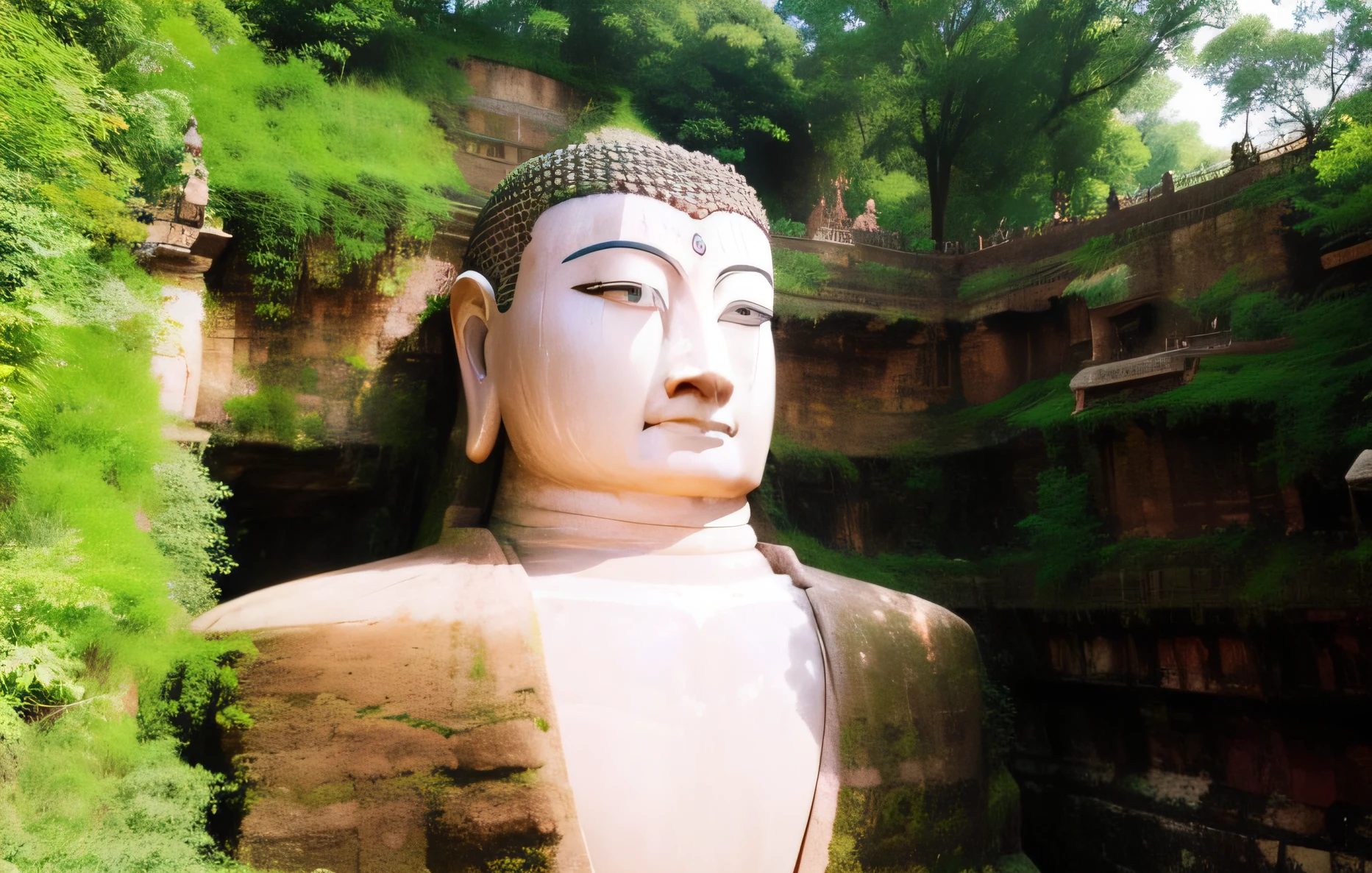 Close-up of a large statue of a man in a cave, Buddha, a Buddhist Buddha, giant clay statue, large temples, huge statues, photograph taken in 2 0 2 0, Buddhism, a massive celestial giant god, Guanyin, floating in a powerful zen state, it is very huge, Buddhist, Ancient Chinese architecture, Mesmerizing and imposing ,photograph taken in 2 0 2 0, The stonework,Copper-colored face,Copper,Copper-colored facial skin,Copper-colored facial fullness, peaceful expression,Realphotos,8K quality,hyper HD