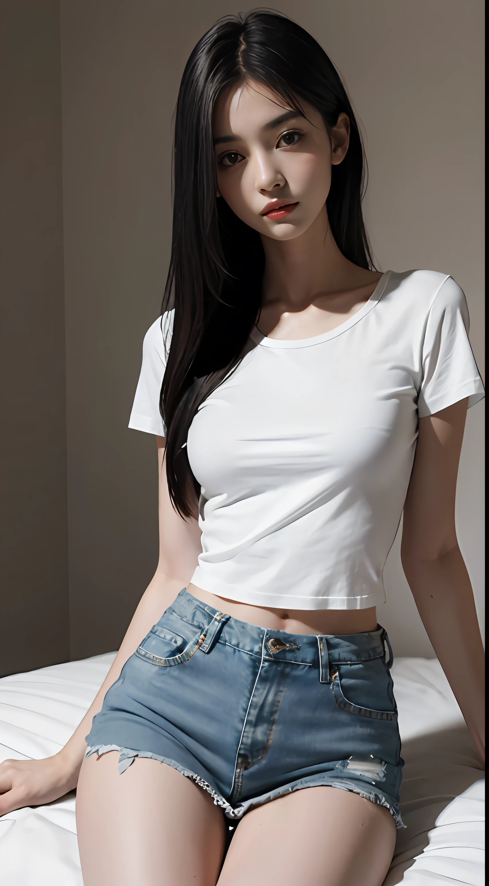 Girl posing for photo in white t-shirt and skinny denim skirt,Long hair all over the body,legs are open,tee shirt、brassier,Slim body,Smaller bust,Slim girl model,24 years old female model,On the bed in the room,Light and shadow tracking