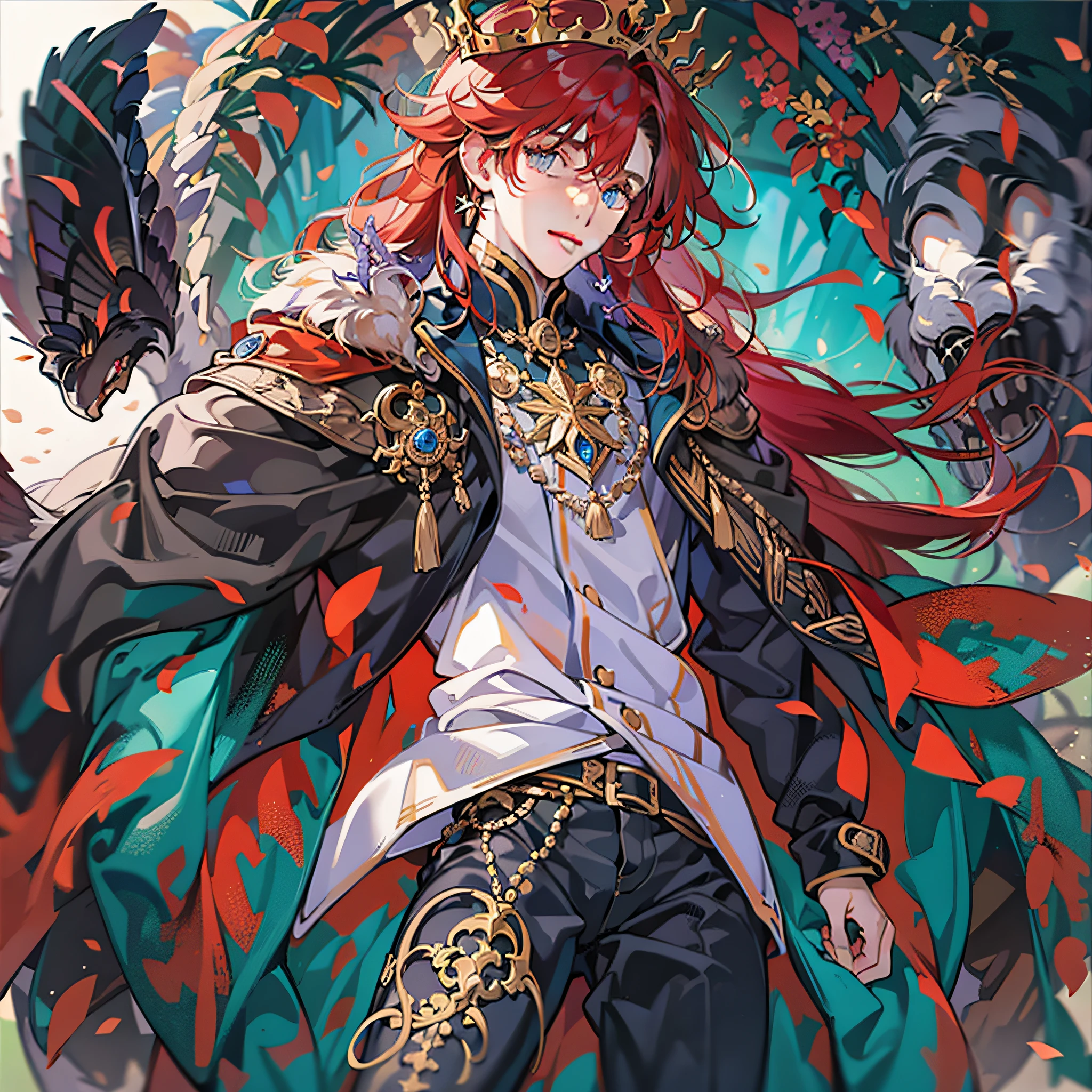 beautiful detailed boy, very detailed eyes and face, a king boy, blue red blood hair, straight long hair, full body