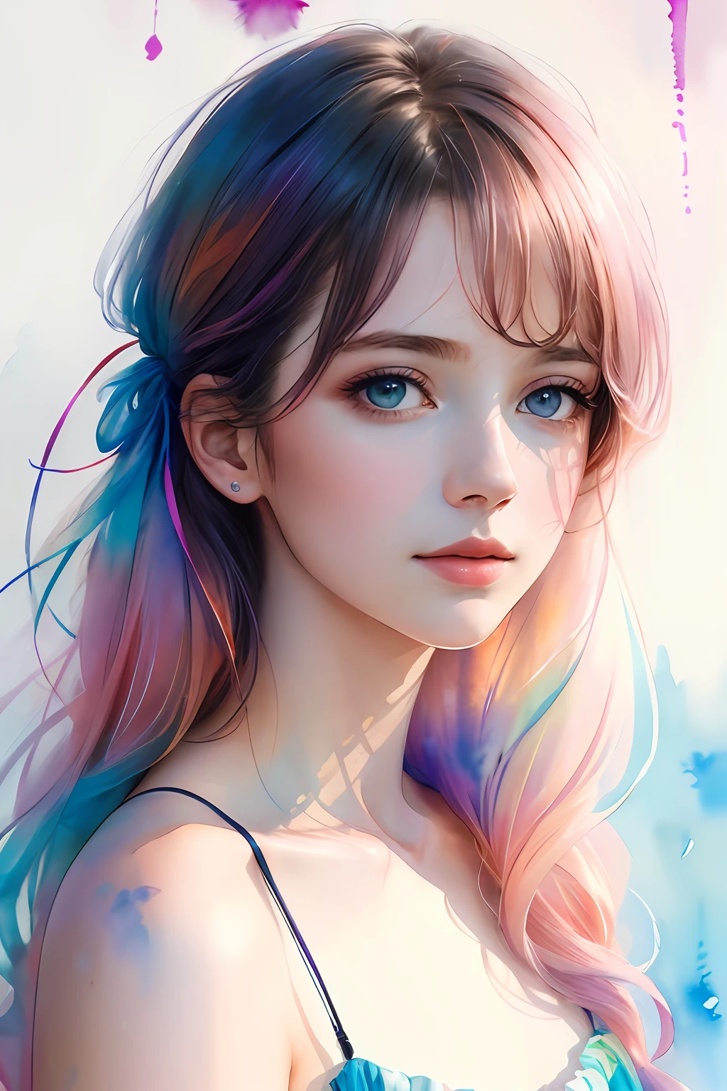 (8k, best quality, masterpiece:1.2),(best quality:1.0), (ultra highres:1.0), watercolor, a beautiful woman, shoulder, hair ribbons, by agnes cecile, half body portrait, extremely luminous bright design, pastel colors, (ink:1.3), autumn lights,