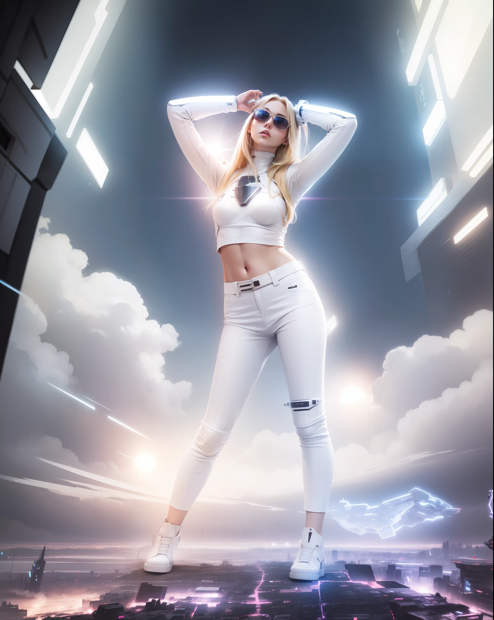 Blonde girl sunglasses top white pants white cybernetic armor on futuristic city street