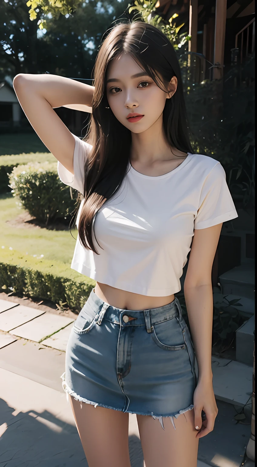 Girl poses for photo in white T-shirt and tight denim skirt，long whitr hair，legs are open，tee shirt、brassier，Slim body，Smaller bust，Slim girl model，24 years old female model，In the yard of the house，Light and shadow tracking