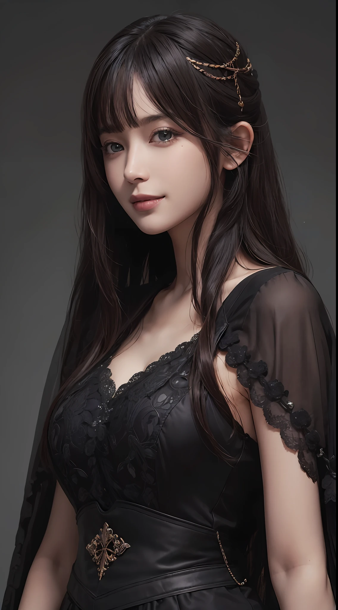 (Ultra Realistic), (Illustration), (Increased Resolution), (8K), (Extremely Detailed), (Best Illustration), (Beautiful and Detailed Eyes), (Best Quality), (Ultra Detailed), (Masterpiece ), ( wallpaper), (detailed face), solo, 1 girl, looking at viewer, fine details, detailed face, in the dark, deep shadows, low key, pureerosfaceace_v1, smiling, long hair, black shawl straight hair , 46 points oblique bangs