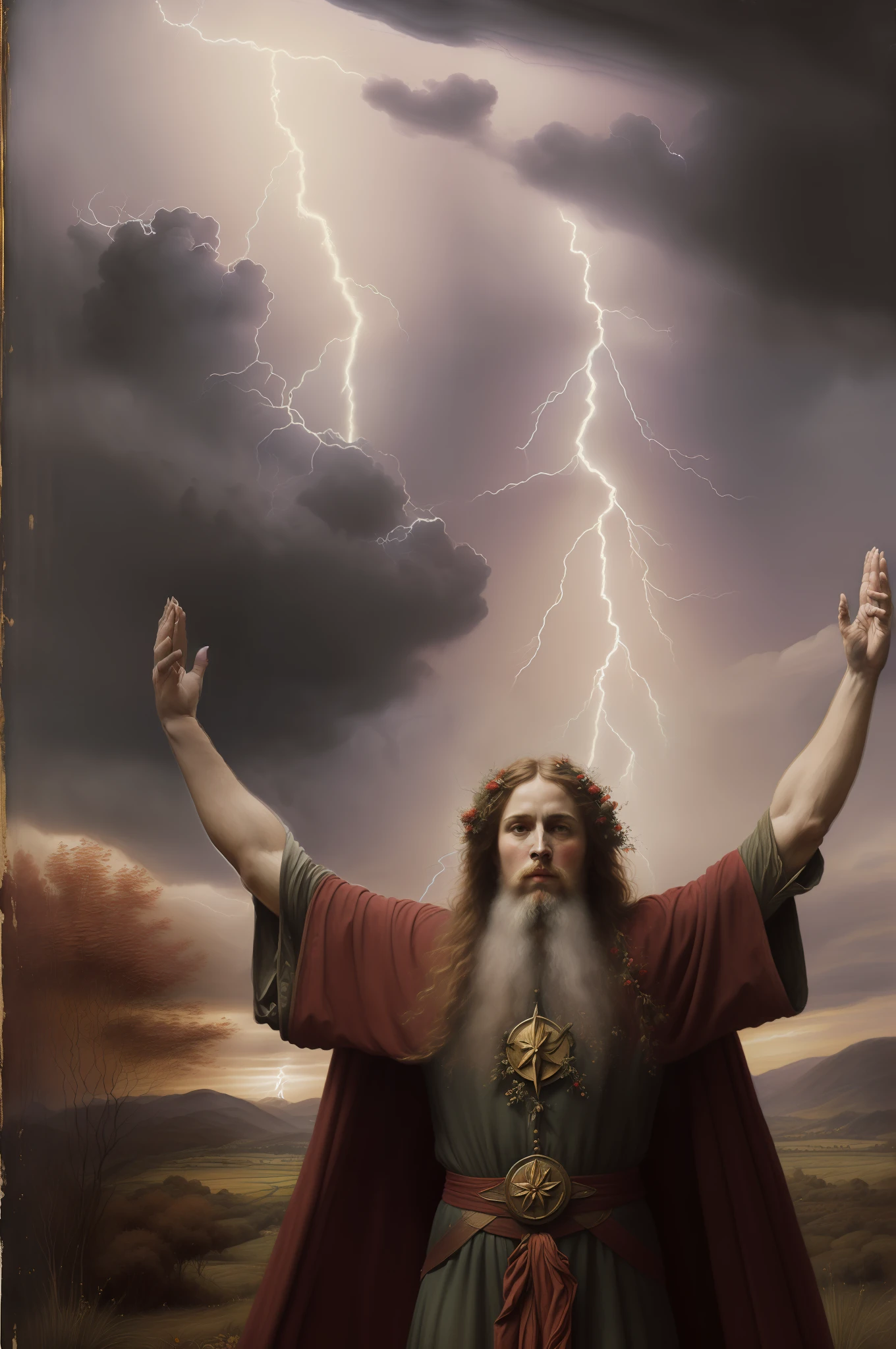 nuvens avermelhadas e raio. ((( Pre-Raphaelite painting of a druid in worship with arms raised, vestes vermelhas, Lightning crosses the sky, espinheiro-negro sem folhas, predominance of red tones))) paisagem celta, clouds and mist