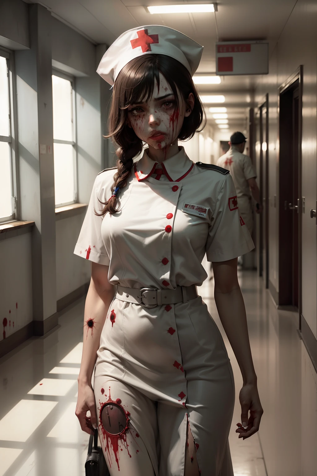 k hd，Kizi，Bloody face，bloodstained clothes，wounded，zombie，nurse's outfit，an empty hallway，hospitals，Biting marks，Scratched clothing，Damaged clothes，White nurse's cap