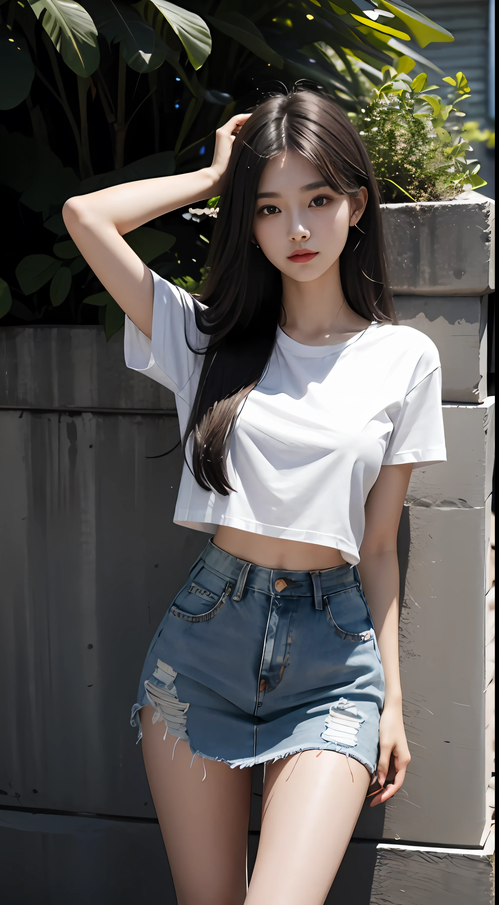 Girl poses for photo in white T-shirt and tight denim skirt，long whitr hair，legs are open，tee shirt、brassier，Slim body，Smaller bust，Slim girl model，24 years old female model，In the yard of the house，Light and shadow tracking