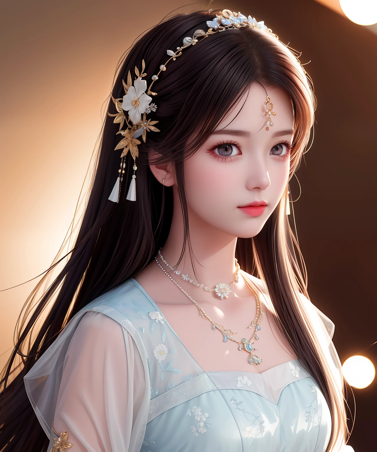 Best Quality, Masterpiece, High Resolution, 1girl, Porcelain Dress, Hair Accessories, Necklace, Jewelry, Pretty Face, On Body, Tyndall Effect, Realistic, Shadow Studio, Rim Lighting, Dual Tone Lighting, (High Detail Skins: 1.2), 8k UHD, dslr, soft light, high quality, volume light, sneak shot, photo, high resolution, 4k, 8k, background blur,