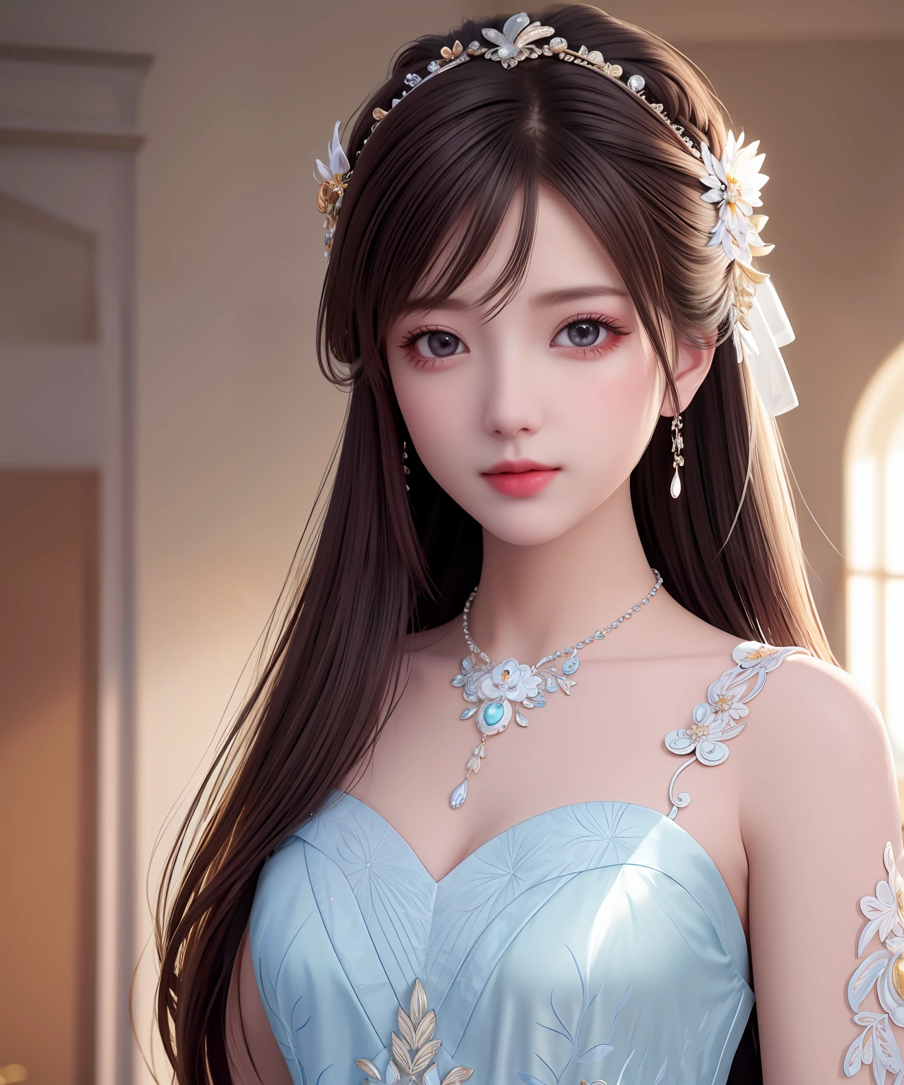 Best Quality, Masterpiece, High Resolution, 1girl, Porcelain Dress, Hair Accessories, Necklace, Jewelry, Pretty Face, On Body, Tyndall Effect, Realistic, Shadow Studio, Rim Lighting, Dual Tone Lighting, (High Detail Skins: 1.2), 8k UHD, dslr, soft light, high quality, volume light, sneak shot, photo, high resolution, 4k, 8k, background blur,