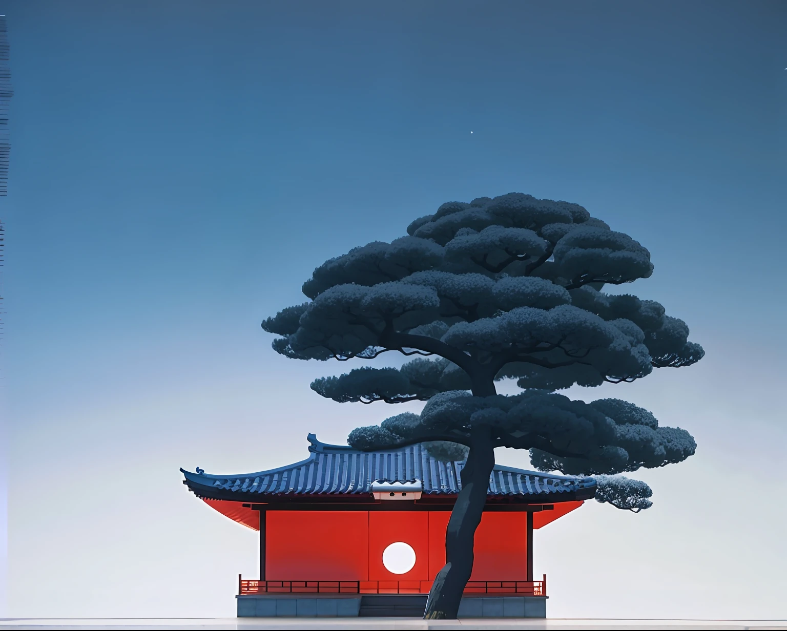 There is a tree standing in front of the building, author：Hiroshi Nagai, inspired by Koson Ohara, inspired by Hiroshi Nagai, inspired by Ohara Koson, Japanese art style, inspired by Kanō Naizen, simon stålenhag. Masterpiece, author：Ikuo Hirayama, japanese inspired, Japanese architecture，HD quality，The scale is 4:3