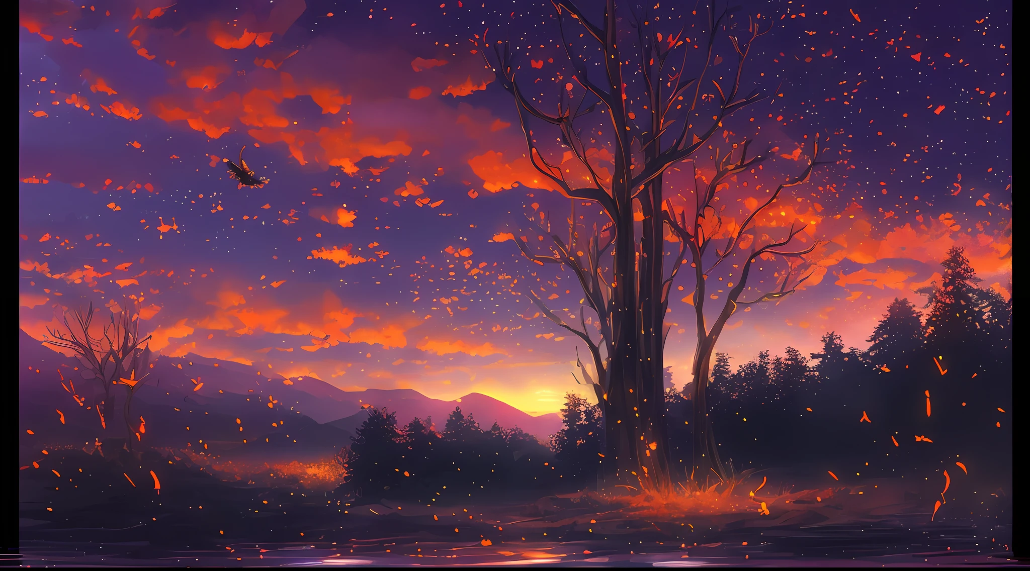 forest, night, multiple creeks, wet air, birds, (scarlet sunset), crystal clear water, glowing particles, scenery, (vast gradient skies:1.05), (mountains:0.8)