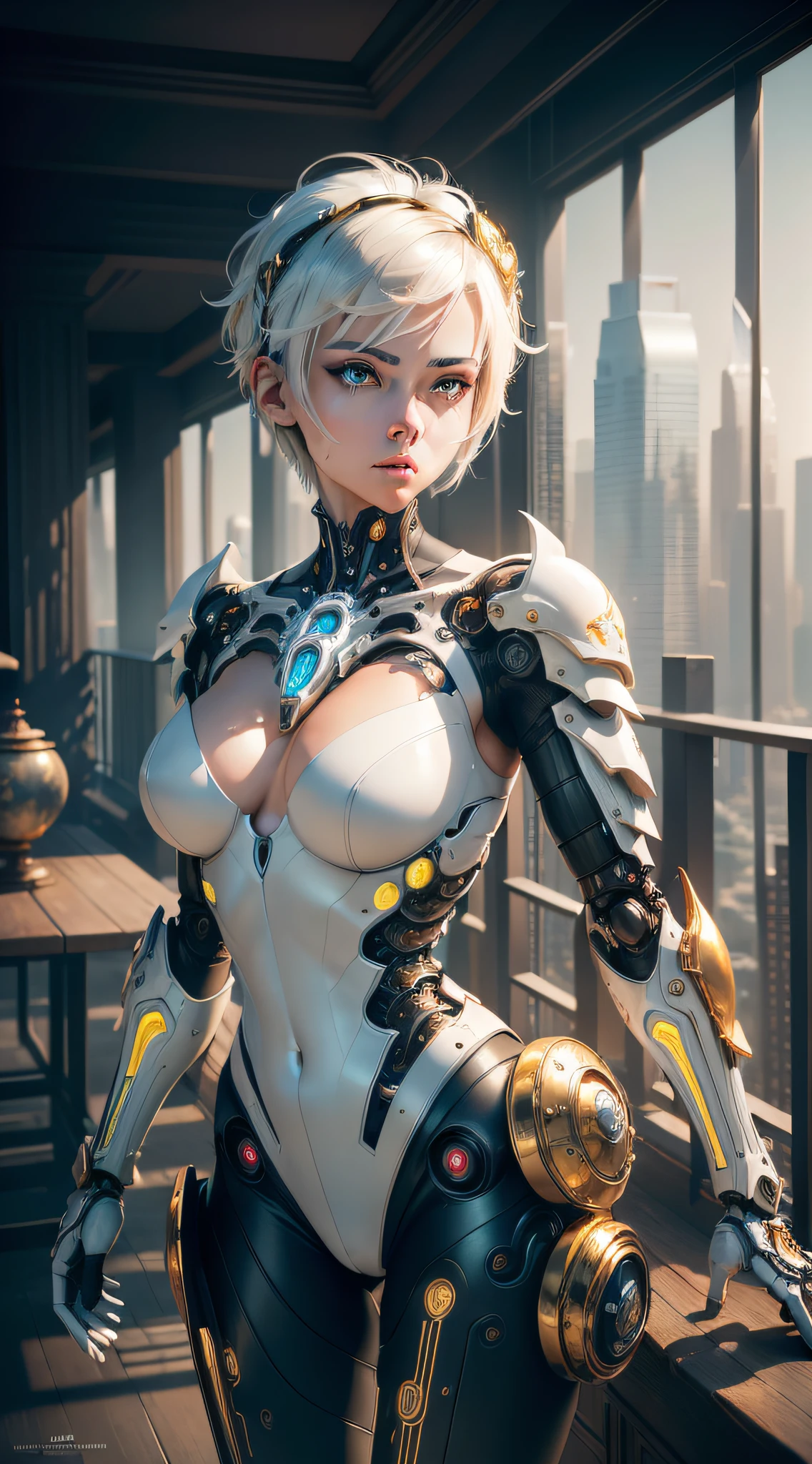 1 cyborg, (masterpiece, best quality, ultra high res:1.2), 1girl, (abstract art:1.3), half demon, best quality, masterpiece, ultra high res, waves in background, water dragon, water balls, nature light, photo realistic, (masterpiece, best quality:1.4), (absurdres, highres, ultra detailed:1.2), (handsome man:1.3),(using dark magic:1.4),water magic,playful illustrations, imaginative overlays, artistic fusion,fantastical scenes, evocative narratives, striking visuals, upper body, white hair short hair one side up, robot eyes, armor, (biomechanical cyborg:1.3), (exposed robotic internals:1.2), electro-mechanical, (glowing:1.5), flawless cybernetics, (gold, white:1.3), (black:0.8), servo joints, perfect proportions, gorgeous porcelain face, in a luxury apartment, top floor balcony, sunshine, noon, city below, masterpiece, detailed skin, matte skin, soft lighting, subsurface scattering
