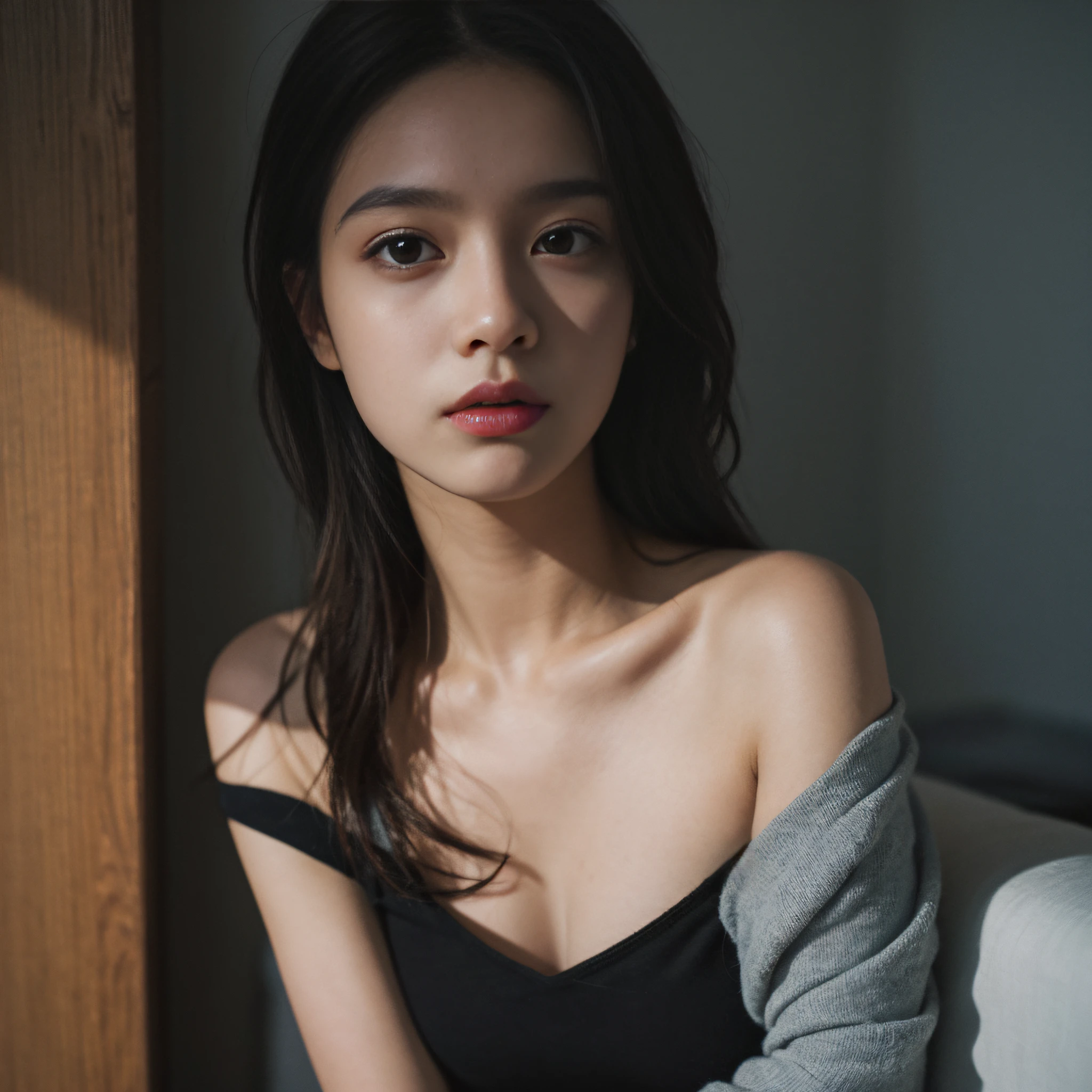 Best quality, masterpiece, ultra high res, (photorealistic:1.4), raw photo, 1girl, offshoulder, in the dark, deep shadow, low key, cold light --auto