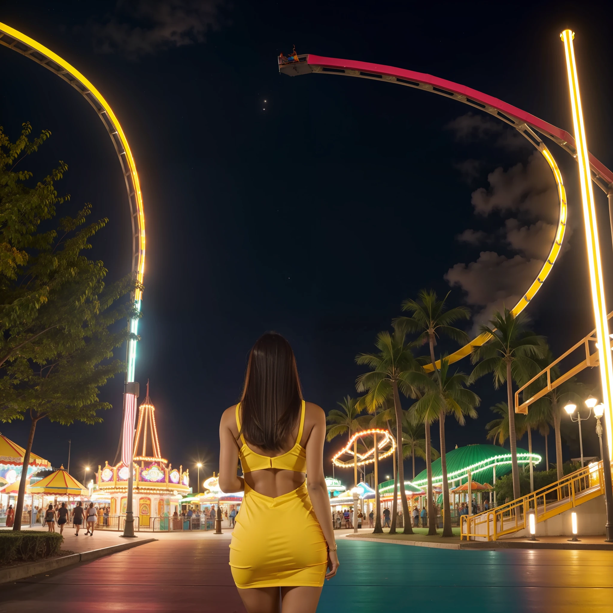 MULHER, backview, CORPO INTEIRO, VESTIDO CURTO LARANJA COLADO NO CORPO, PELE PARDA, CABELO CACHEADO, SALTO BRANCO, amusement park, NOITE, COLORIDO, ULTRA DETALHADO