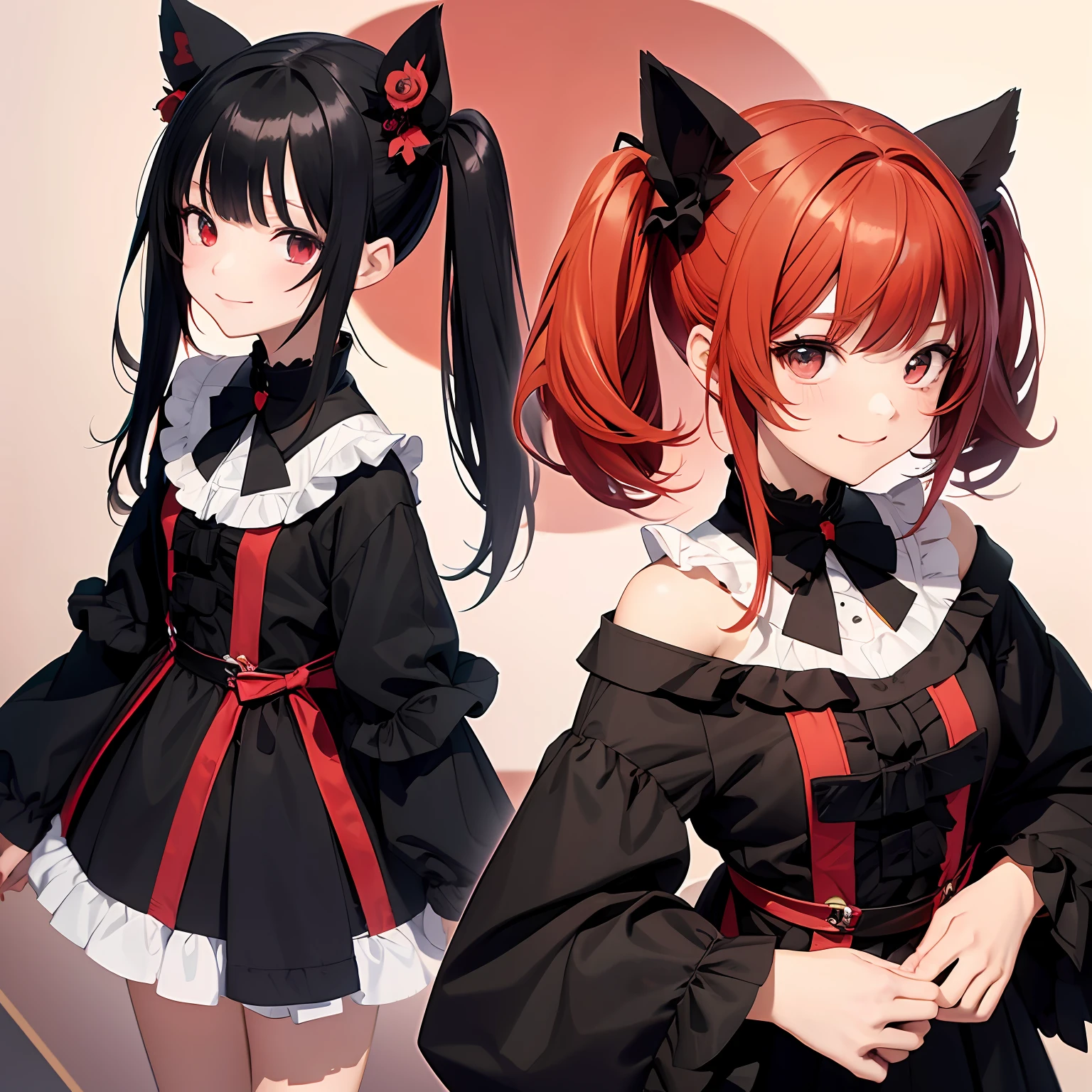 Anime filling,Two-dimensional illustration,Red hair,Half Twin Tail,shorth hair,Big eyes,A smile,a beauty girl,cute little,Super Cute,Black cat ears,Red Eyes,Ruffled Clothes,Black lace clothes,Inner colorGreen,One girl,Full body painting,A masterpiece of 2D art,(​masterpiece,Top image quality:1.3),(detaile:1.2),(女の子1人) --auto