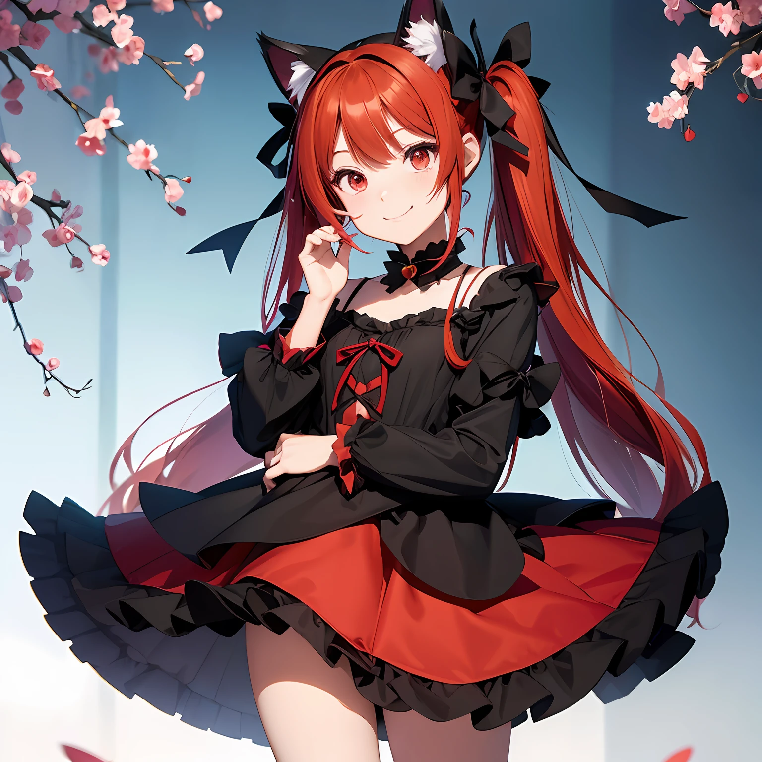 Anime filling,Two-dimensional illustration,Red hair,Half Twin Tail,shorth hair,Big eyes,A smile,a beauty girl,cute little,Super Cute,Black cat ears,Red Eyes,Ruffled Clothes,Black lace clothes,Inner colorGreen,One girl,Full body painting,A masterpiece of 2D art,(​masterpiece,Top image quality:1.3),(detaile:1.2),(女の子1人) --auto