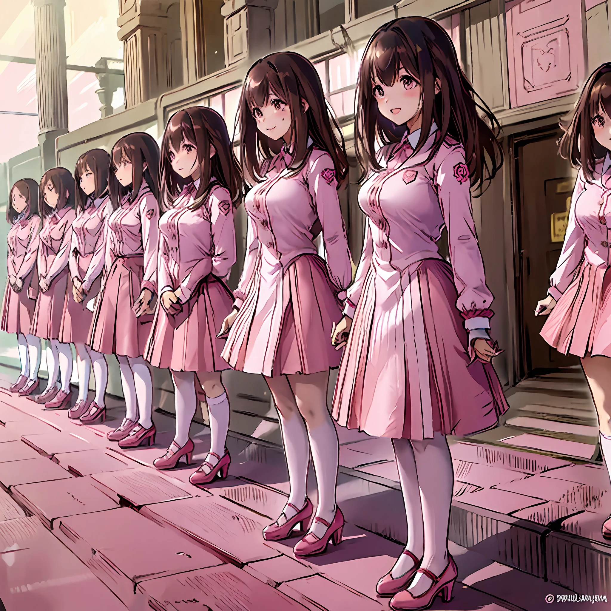 perfect anime illustration, multiple girls, thousands of girls, millions of girls, clones, identical sisters, neat rows of sisters, neat columns of sisters, sisters standing in formation, sisters in background, brown hair, curly hair, matching hairstyle, hazel eyes, smiling, ((matching outfits, pink uniform, pink high heels)), matching hairstyles, white background, highres, full body, pose