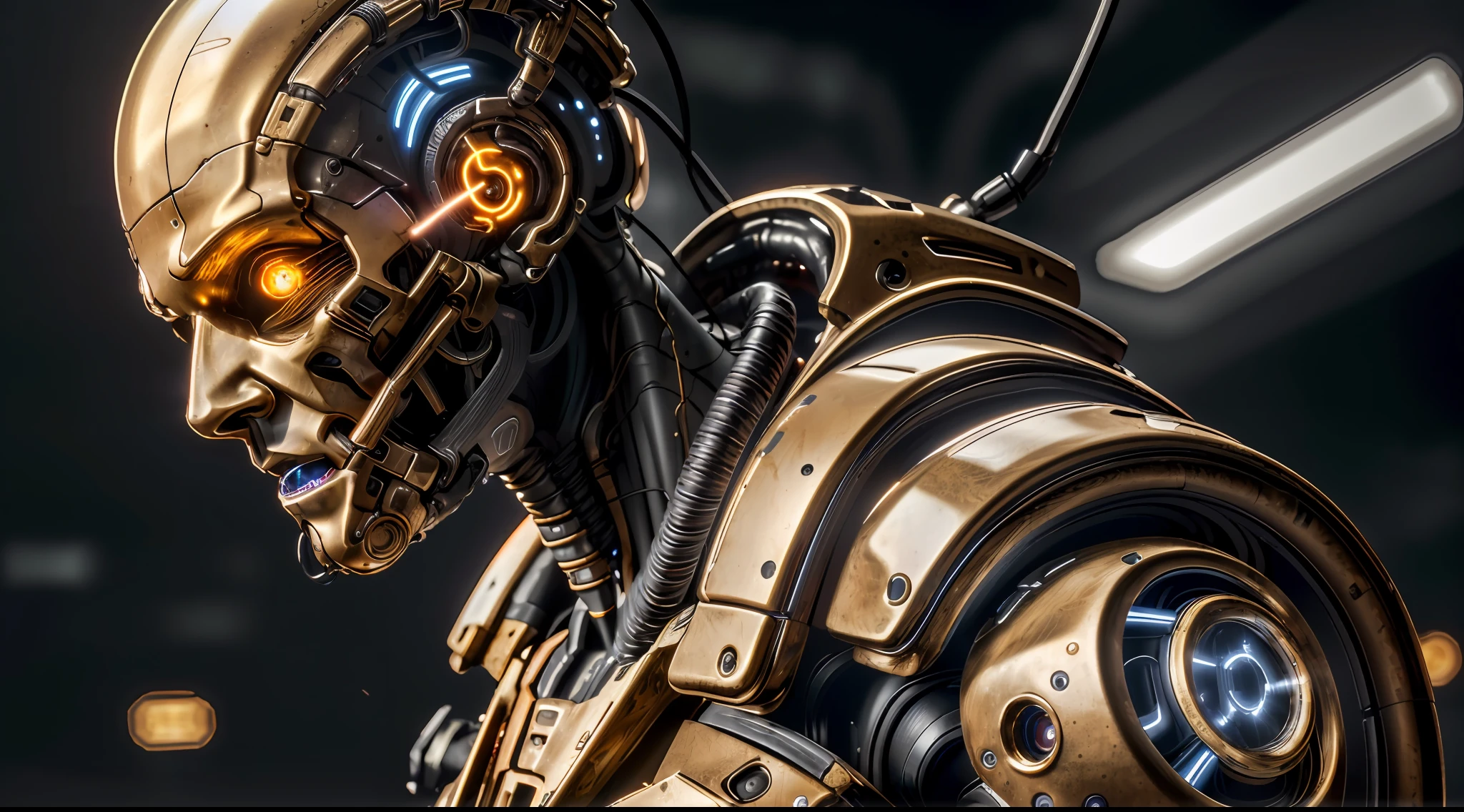 (masterpiece,8k quality, 8k, top quality, best quality, official art, beautiful and aesthetic:1.2),close up, face, fire eye, eye on fire ,a humanoid lauterbach robot biomechanical bronze with a head full of wires and a light cold on it's face and neck, in a dark room in a dark room with a red light behind him, unreal engine 5 highly rendered, cyberpunk art, les automatistes, raw photo of detailed skin, clear face, (masterpiece, top quality, best quality, official art, beautiful and aesthetic:1.2), [cat : girl : 7], chest, porcelain face, cyborg, robotic parts, 150 mm, beautiful studio soft light, rim light, vibrant details, cyberpunk, hyperrealistic, anatomical, facial muscles, cable electric wires, microchip, H. R. Giger style, extremely detailed (realistic, photo-realistic:1.37),Amazing, finely details