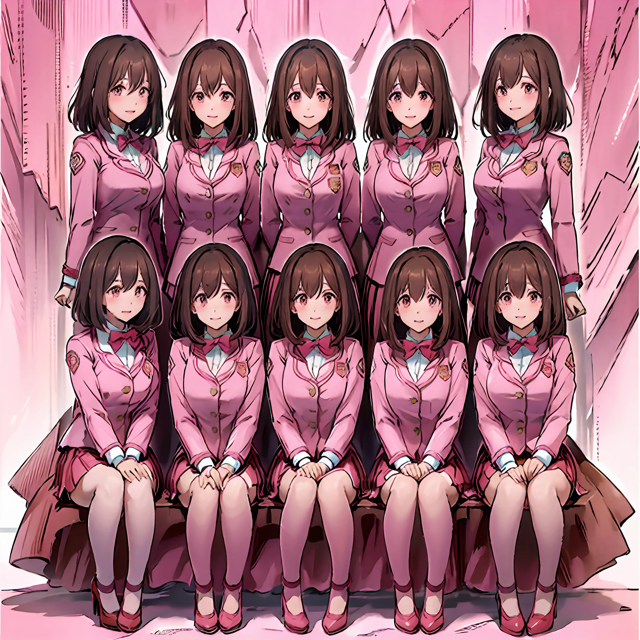 perfect anime illustration, multiple girls, thousands of girls, millions of girls, clones, identical sisters, neat rows of sisters, neat columns of sisters, sisters standing in formation, sisters in background, brown hair, curly hair, matching hairstyle, hazel eyes, smiling, ((matching outfits, pink uniform, pink high heels)), matching hairstyles, white background, highres, full body, pose