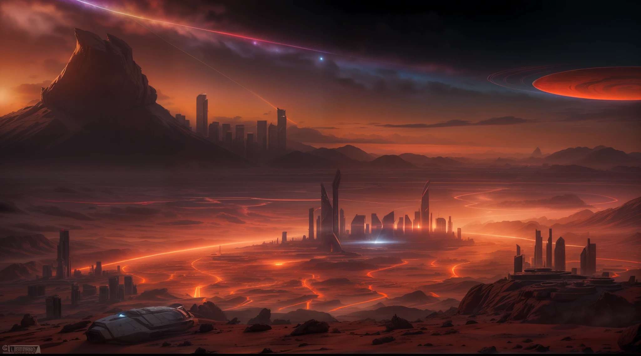 Uma foto de paisagem ampla, pan, (vista de longe, The sky is above and the open field is below), in the distance a large futuristic city on Mars, cidade cyberpunk, Spaceships fly over the city, (lua cheia: 1,2), dim sky, noite escura estrelada, (meteoro: 0,9), (nebulosa: 1,3 ), montanhas distantes , dunas de areia, (Luz Quente: 1.2), (estrelas: 1.2), Luzes, Muito Roxo e Laranja, Detalhes Intrincados, volumetric lighting BREAK (Obra-prima: 1.2), (Melhor Qualidade), (papel de parede 8k extremamente detalhado), foto realismo, octane render, NVIDIA ray tracing, 4k, Ultra Detalhado, (dynamic compositing: 1.4), Rico em Detalhes e Cor, (rainbow color: 1.2), (Brilho, Atmospheric Illumination), Sonhador, magica.