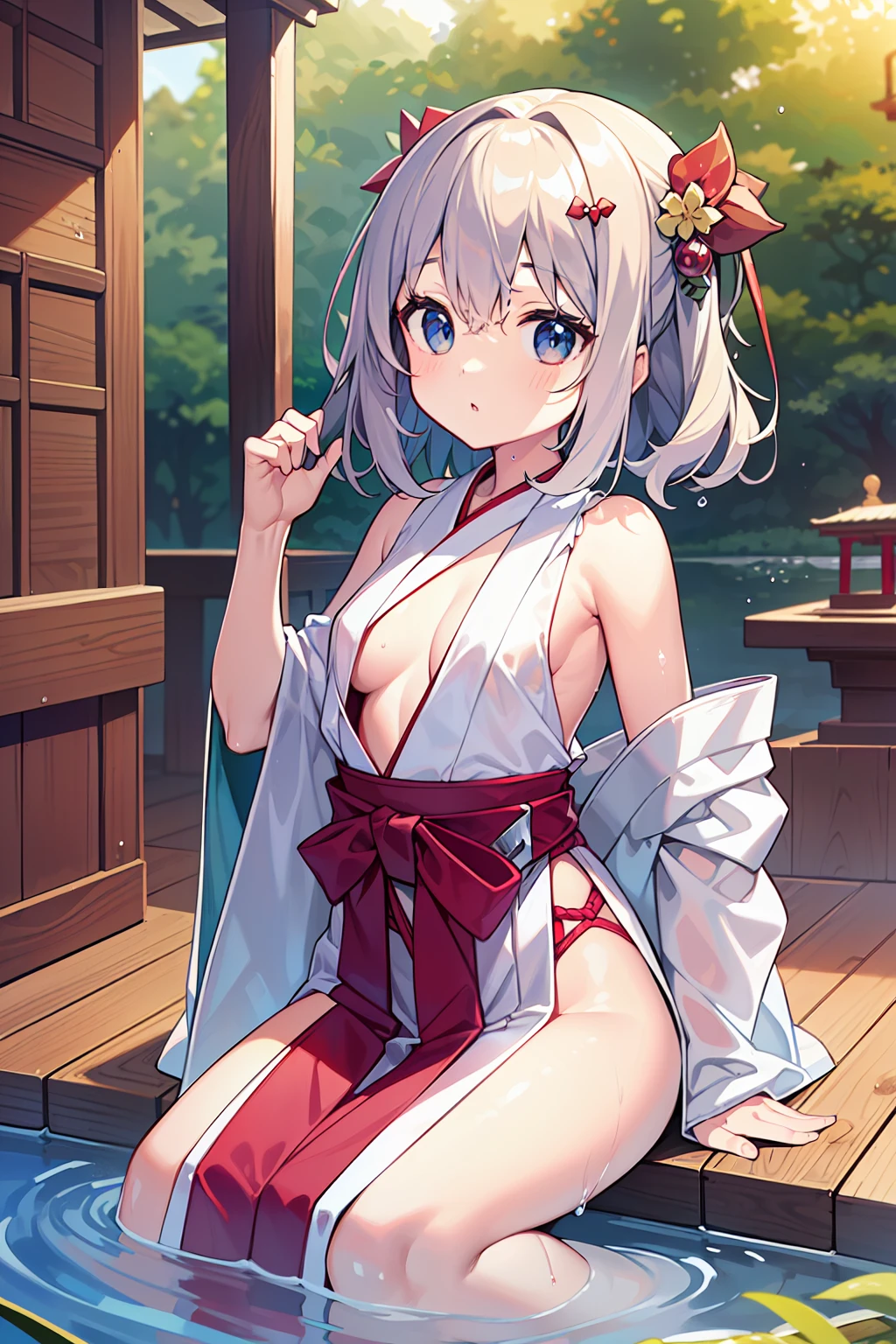 (masterpiece)、(top-quality)、(The ultra-detailliert)、(best anatomy)、Official art、one girls、Lori with light-colored hair、Petite girl、shrine maiden、Silk Hakama、Shoulders exposed、small tits、Chest exposed、Thigh exposure、Wet and see-through、shrines、lake