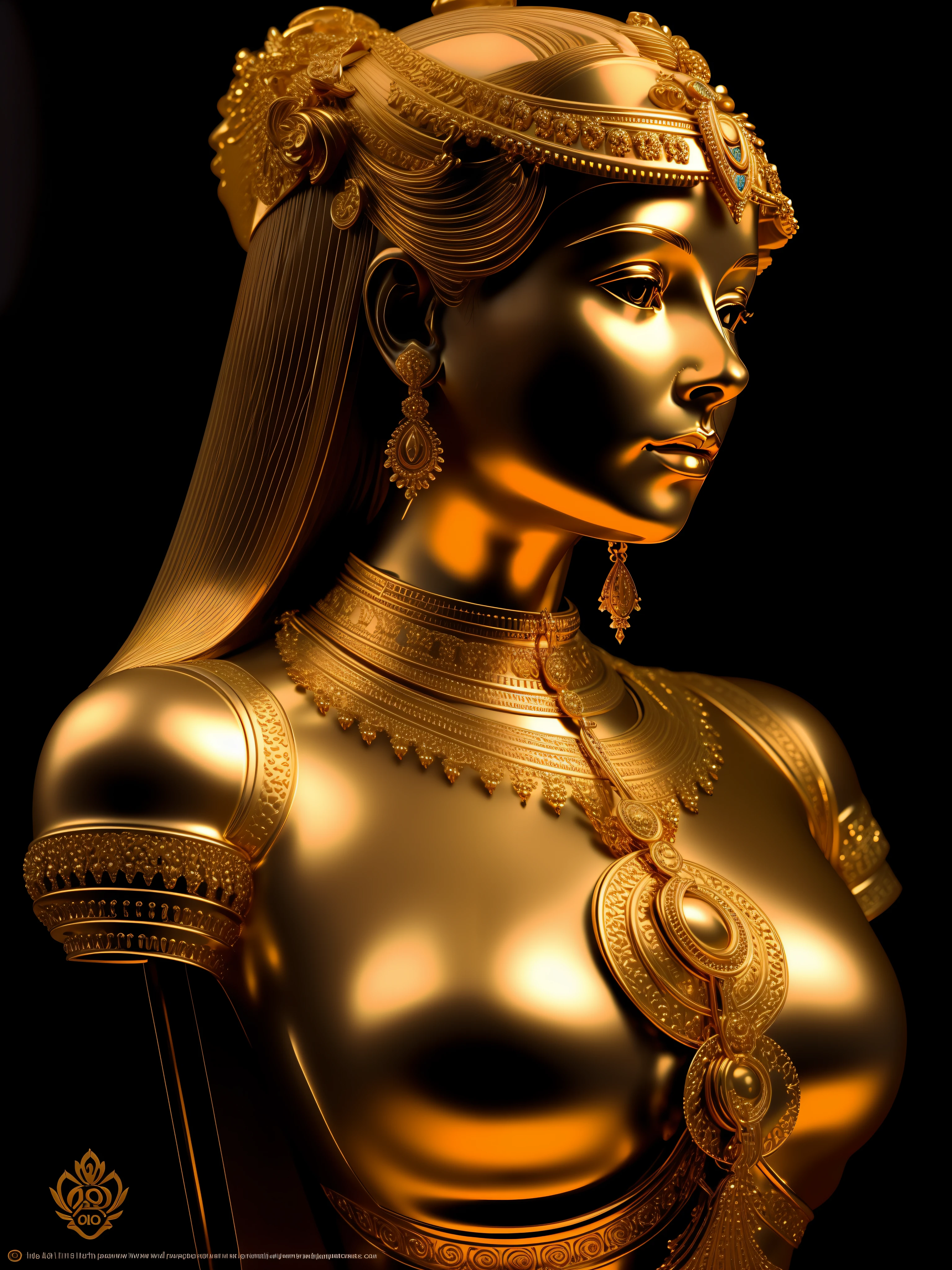 a closeup of a golden statue of a woman with a crown, deusa. Detalhes extremamente altos, cleopatra portrait, Retrato da deusa 3D, tiro extremamente detalhado da deusa, escultura feita de ouro com um grade rubi no peito, beautiful cleopatra, retrato close-up da deusa, Um retrato impressionante de uma deusa, Retrato de uma bela deusa, cinematic goddess close shot, 3 d deusa minerva, cleopatra portrait