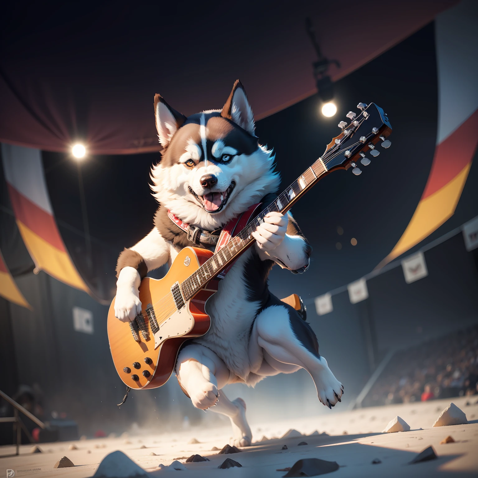 Siberian Husky dog, tocando guitarra com as patas frontais, Super fofo, 2D, vetor, Plano, com fundo de show de rock, caixa de som grande, clave de sol no ar)