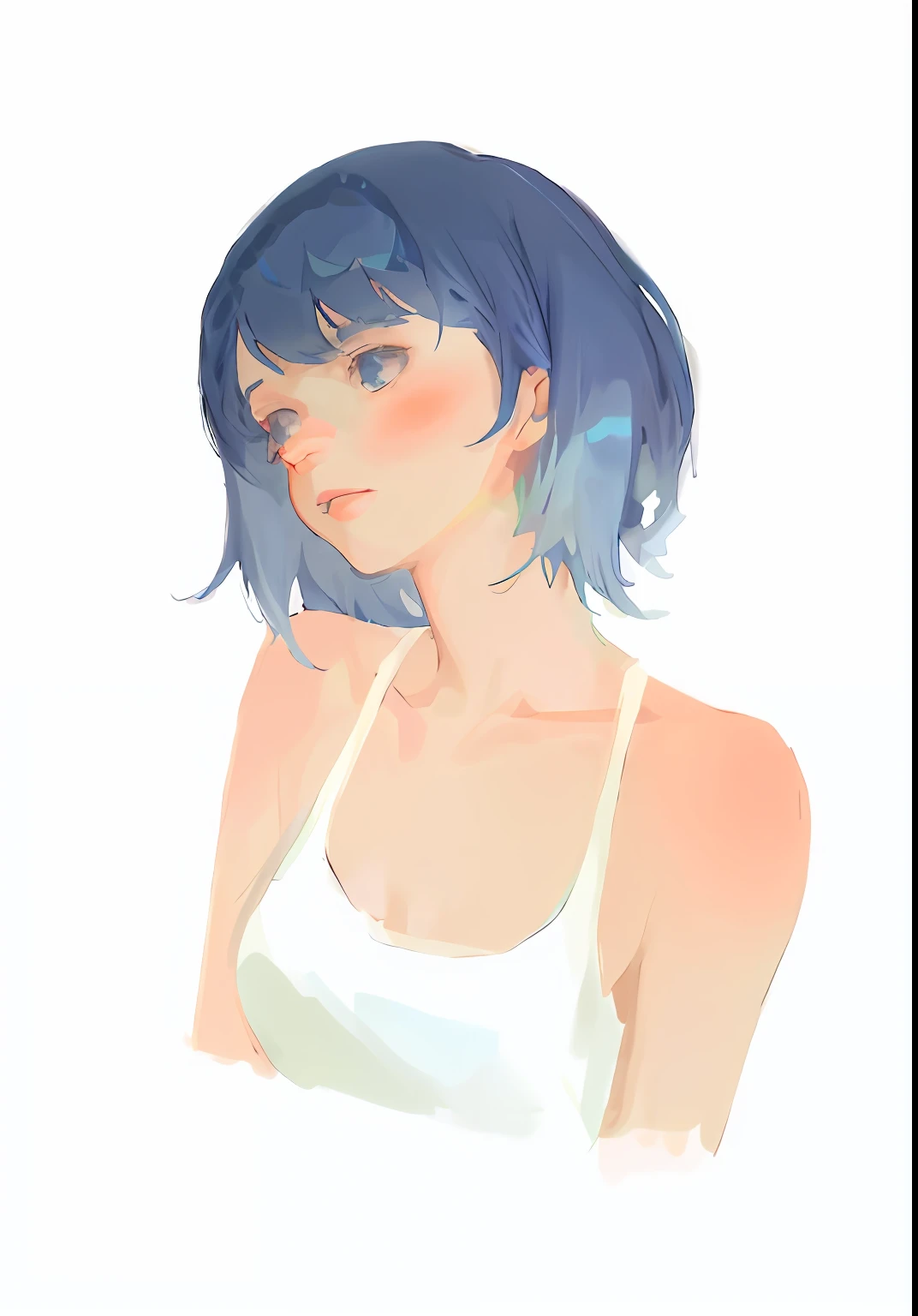 there is a woman with blue hair and a white shirt, drawn in anime painter studio, short blue haired woman, made with anime painter studio, Soft anime illustration, half-body portrait, 2d portrait, soft digital painting, Soft portrait, semirealistic anime style, Girl with blue hair, color study, pale bluish skin, Anime style portrait, anime portrait