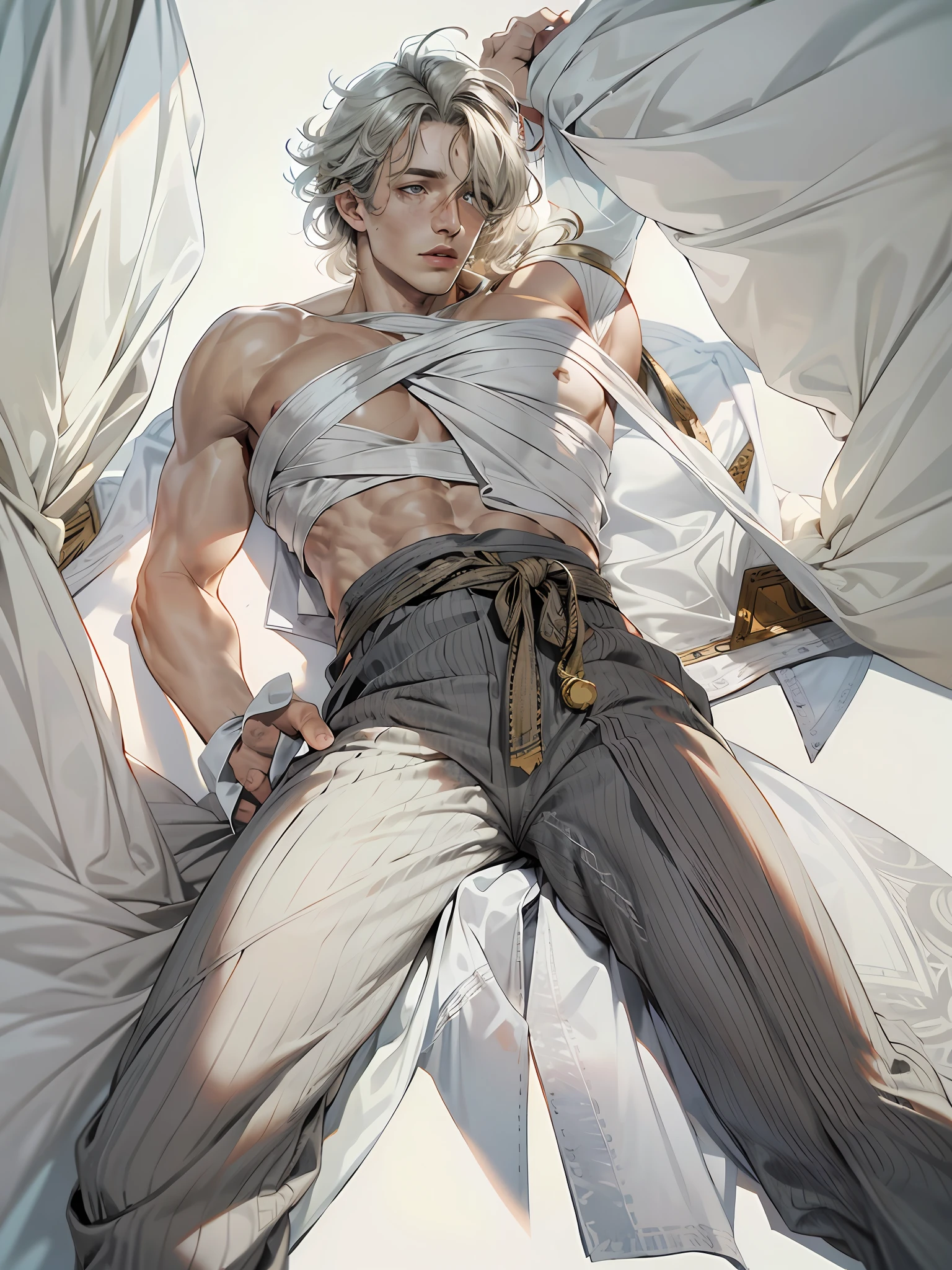 solo person, Soloist,1boys,white backgrounid,lying on her side,Shirtless males,chest muscle,simplebackground,Abs,long whitr hair,whaite hair,Gray eye,obi strip,hair on one eye,birthmark,one eye covered,trouser,European people,European medieval clothing