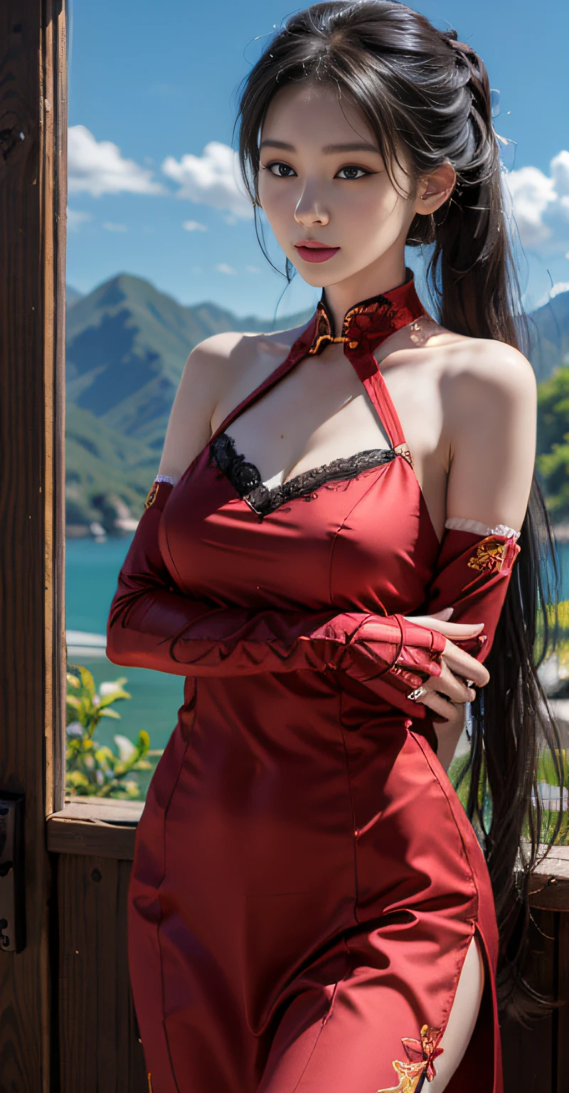 tmasterpiece、best qualtiy、A high resolution、Fidelity、耳Nipple Ring、depth of fields、Jiang Nan Nan female、thigh gap、1个Giant Breast Girl、long whitr hair、pony tails、solo person、Red cheongsam、cropped shoulders、Elbow lace gloves、looking at viewert、ssmile、full bodyesbian、in city、in the breast、PureErosFace_V1 version。