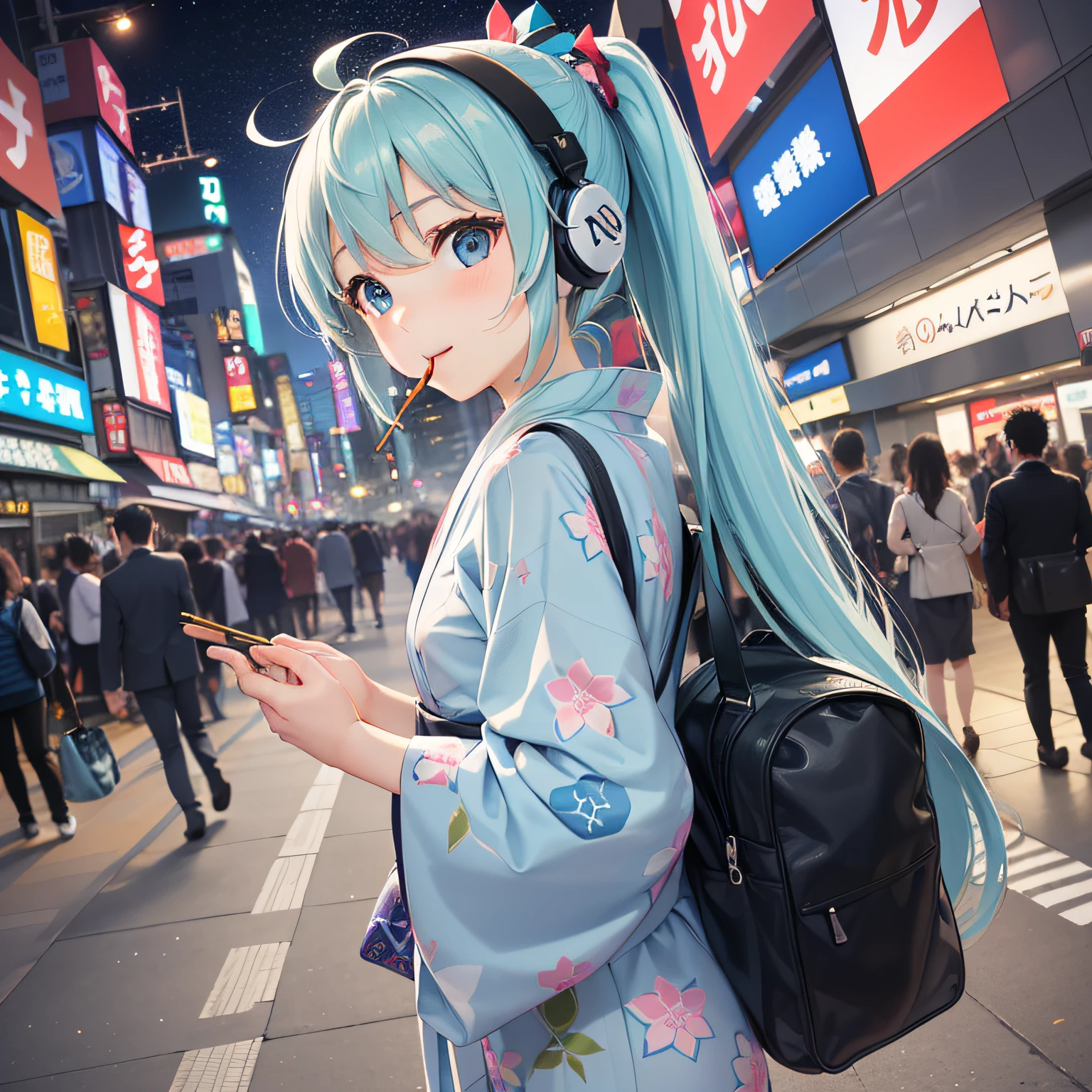 （Sumida River、Fireworks Festival）（natta、Beautiful night sky、Clean stars）、((bustle、a lot of people々、People coming and going々))、(Yukata、Yukata in gentle colors、(Yukata with morning glory pattern、Morning glory pattern、pattern of morning glory))、(Transcendent beauty、20yr old、a smile、Slender Beauty、(miku hatsune、digital、Gaming Specifications、head phone、sense of touch、Ahoge))、(((Clean fireworks、skyrocket)))、(((Small bag on the back、Very small day bag、Cute Day Bags、Small Day Bag、Fashionable day bags、Light blue day bag、Light fluffy)))、(Pinch Pocky with your right hand、Sucking Pocky with your mouth)、In front of the station、In front of Akihabara Station