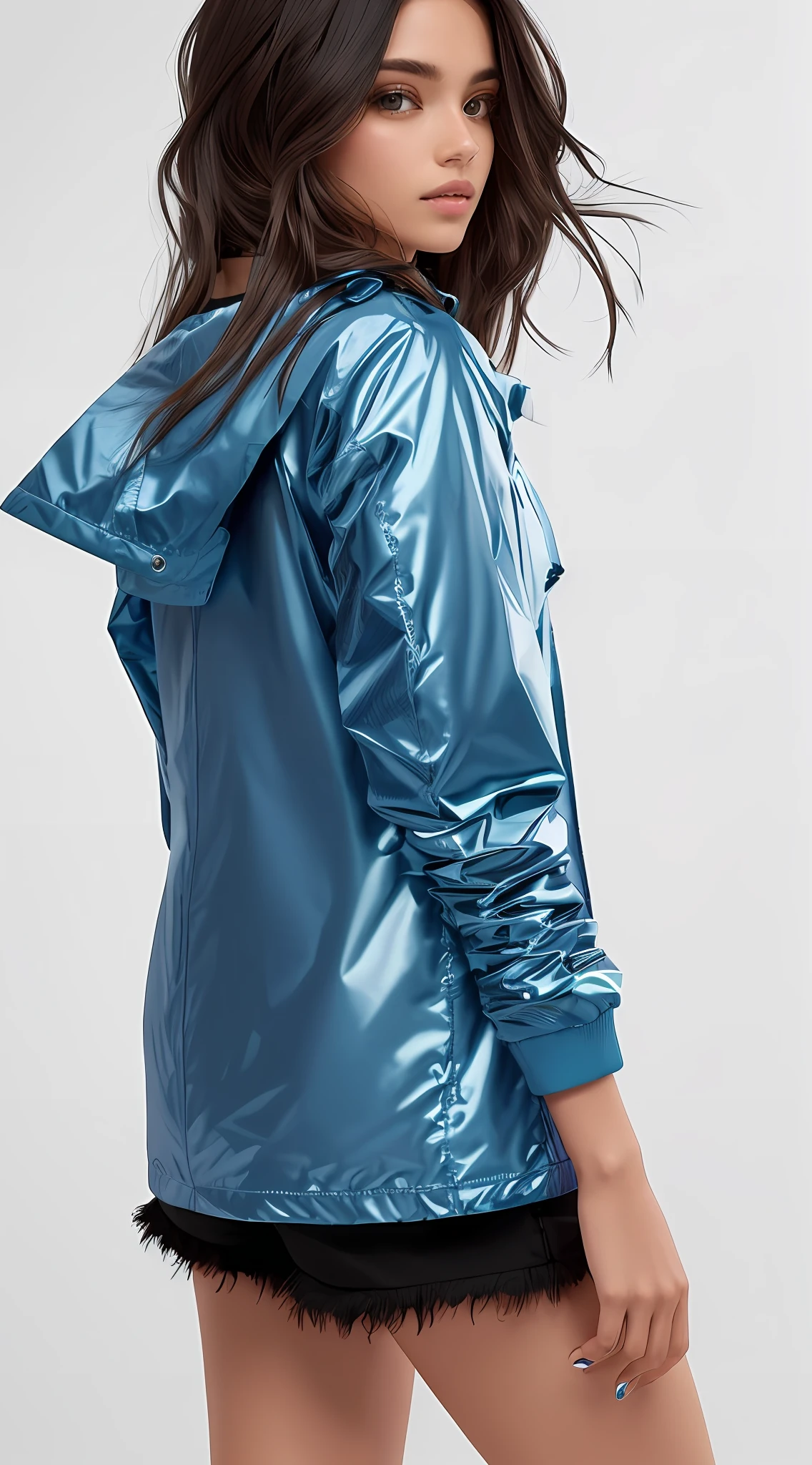 uma mulher de jaqueta azul e shorts posando para uma foto, Jaqueta azul, parka azul, menina na capa de chuva, cyber future jacket, Reflective metal, Metal Refletivo, brilhante da chuva, olhar molhado, brilhante brilhante reflexivo, vestindo jaqueta azul, jaqueta azul harmonia, with teal clothes, suit jacket, future inflatable jacket, vestindo uma jaqueta azul, metallic cyan bodysuit