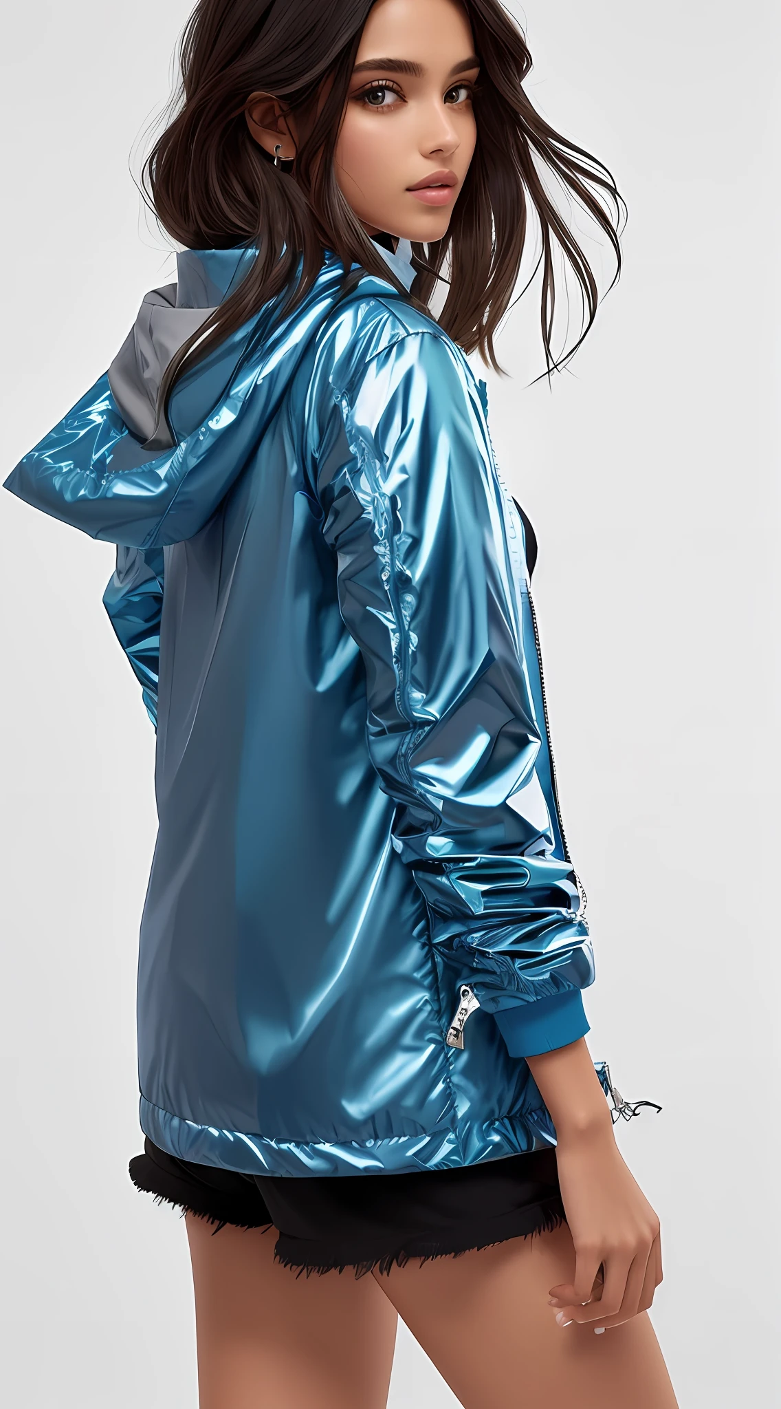 uma mulher de jaqueta azul e shorts posando para uma foto, Jaqueta azul, parka azul, na capa de chuva, cyber future jacket, Reflective metal, Metal Refletivo, brilhante da chuva, olhar molhado, brilhante brilhante reflexivo, vestindo jaqueta azul, jaqueta azul harmonia, with teal clothes, suit jacket, future inflatable jacket, vestindo uma jaqueta azul, metallic cyan bodysuit
