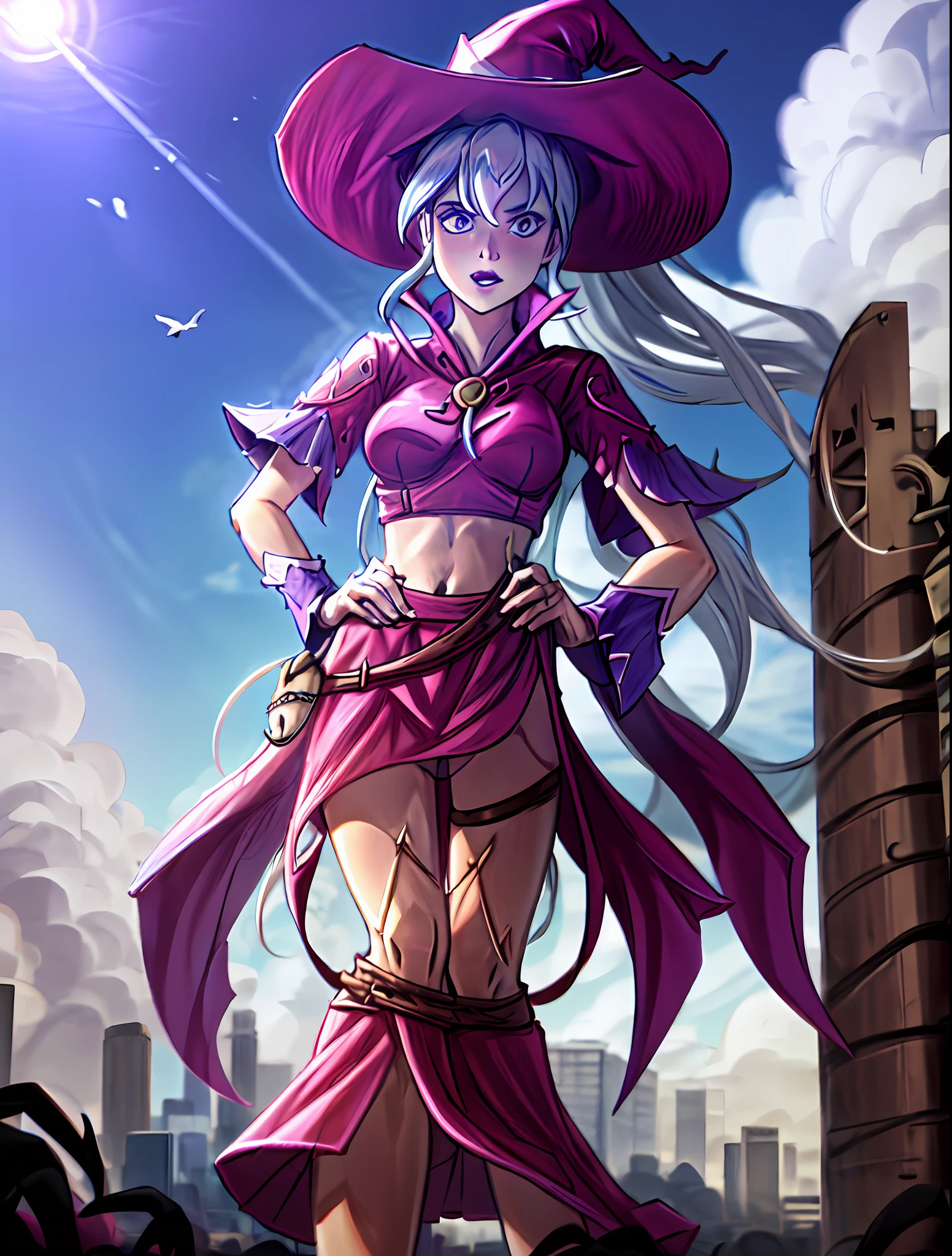 (cowboy shot), sfw,  (masterpiece), (best quality:1.0), (ultra highres:1.0), detailed eyes,
BREAK
Charmcaster, solo, 1girl, pink eyes, low ponytail, wispy bangs, hands on hips
mage_glam, pouch belt, witch hat, midriff
BREAK
(castle, outdoors,  gorgeous view)