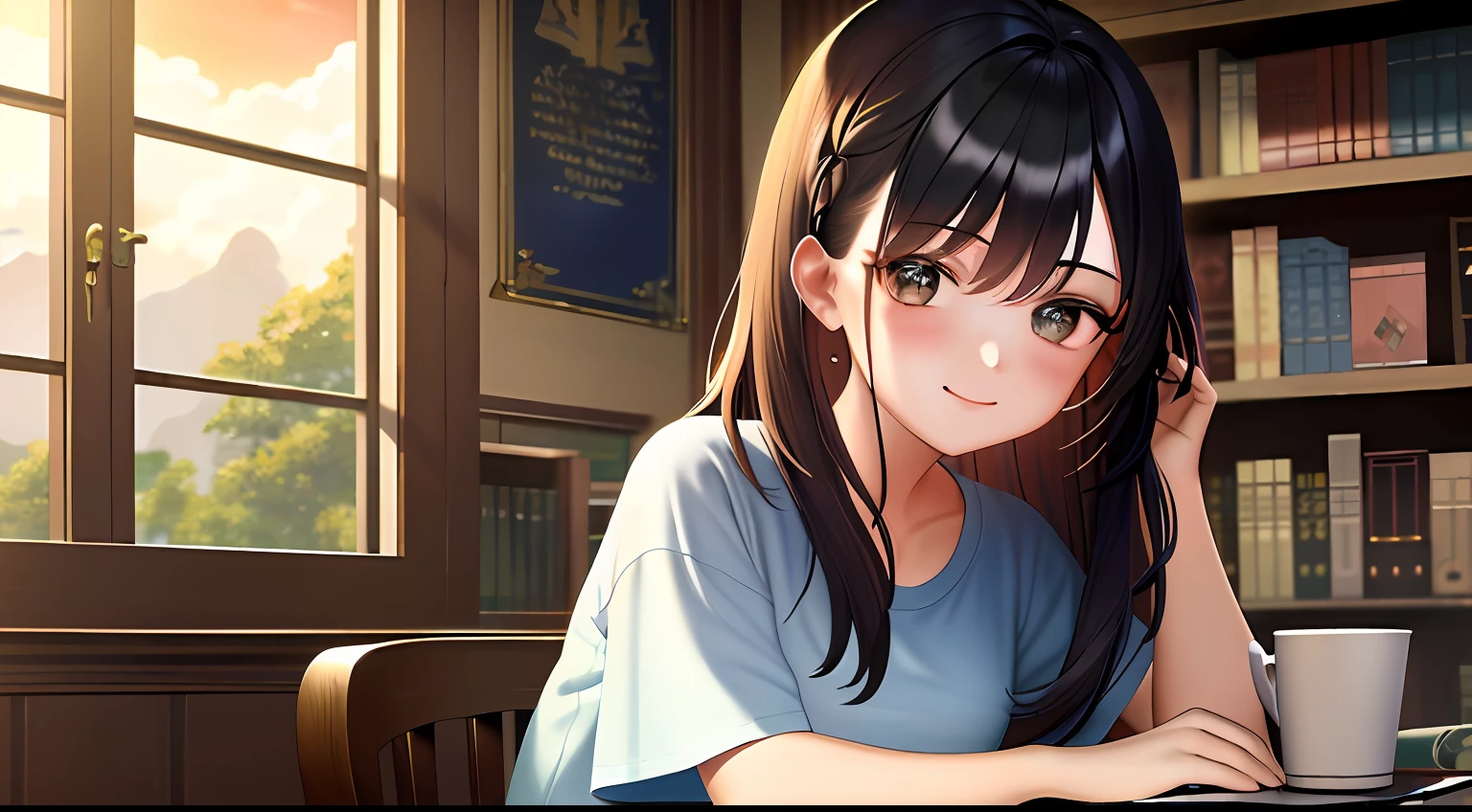 ((​masterpiece)), top-quality, hight resolution, 1 Women, Loose T-shirt、Girl studying sitting on a chair in the library、Charming atmosphere、18year old、Scenery of the entire area、Spoiled face、A smile、sleepy feeling