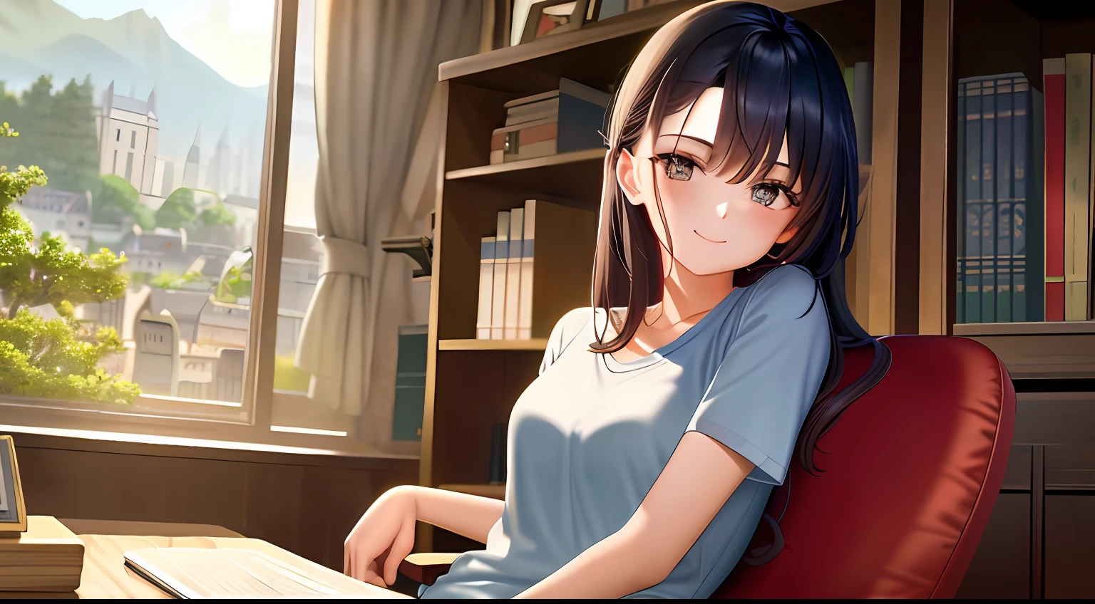 ((masterpiece)), top-quality, hight resolution, 1 Women, Loose T-shirt、Girl studying sitting on a chair in the library、Charming atmosphere、18year old、Scenery of the entire area、Spoiled face、A smile、sleepy feeling