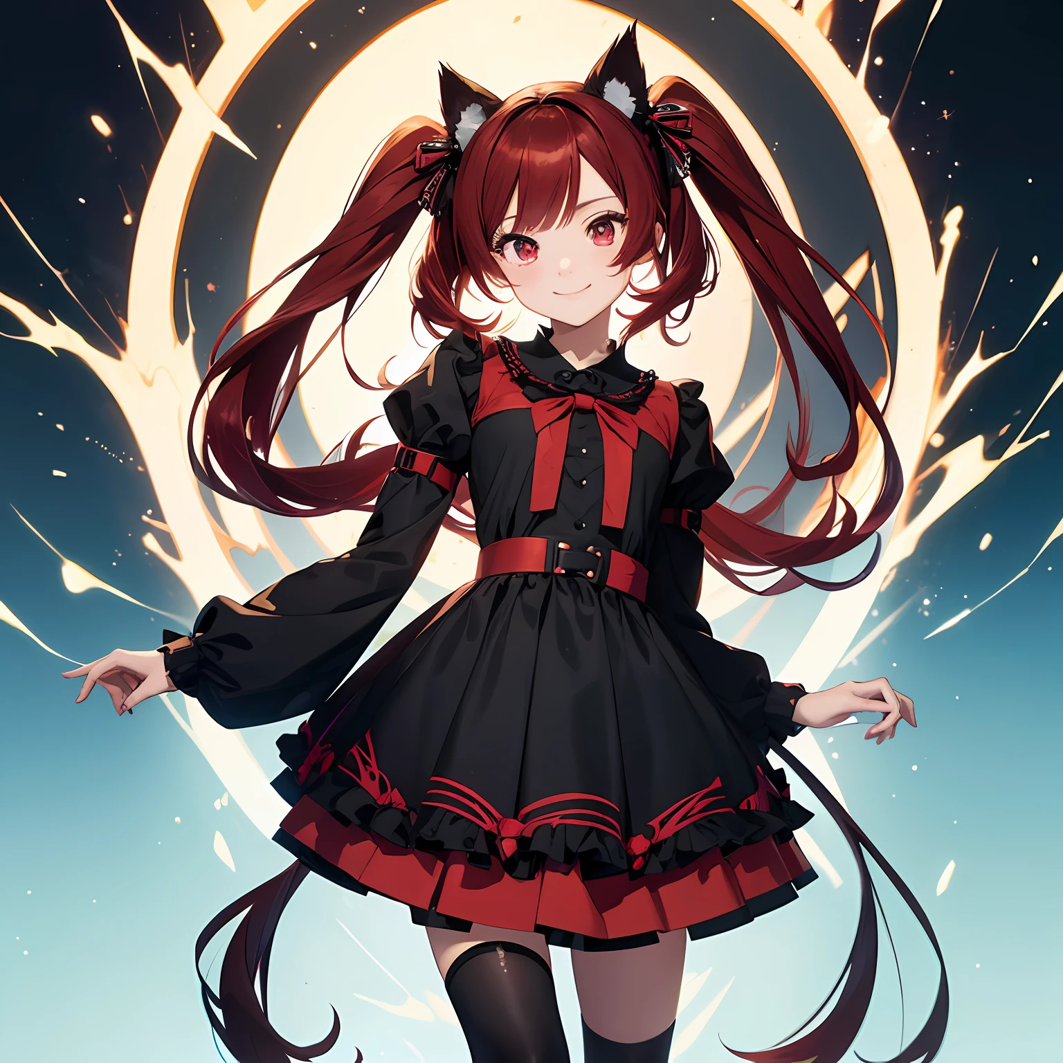 Anime filling,Two-dimensional illustration,Red hair,Half Twin Tail,shorth hair,Big eyes,A smile,a beauty girl,cute little,Super Cute,Black cat ears,Red Eyes,Ruffled Clothes,Black lace clothes,Inner colorGreen,One girl,Full body painting,A masterpiece of 2D art,(​masterpiece,Top image quality:1.3),(detaile:1.2),(女の子1人) --auto