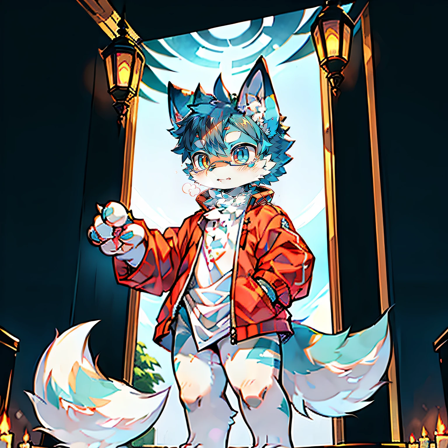 White paws, There is only one character, Four-clawed fingers, A big tail, eyes with brightness, Full body photo of the character, Q version, Character focus, shaggy, male people, Blue fur, Little cute, Will sell moe, has a tail, The fluffy male blue fox has no clothes, full color drawing, Furry canids, Blue Themes, Left blue eye, Right red eye, There are tear marks under the eyes, White tail pointed, Four-fingered claw, Pink meat pad, No one's hair, younge boy, , The thighs have rectangular stripes, The arms have a striped Q-print style, wearing black glasses, mismatched pupils, Empty eyes, Heterochromia, Animal ears, Fox ears, Wolf ears, mismatched pupils, Empty eyes, Heterochromia, Animal ears, Animal ears, Fox ears, Wolf ears, Shy, Anime style, Glowing light, shadowing, tachi-e, Anatomically correct, ccurate , Bright colors