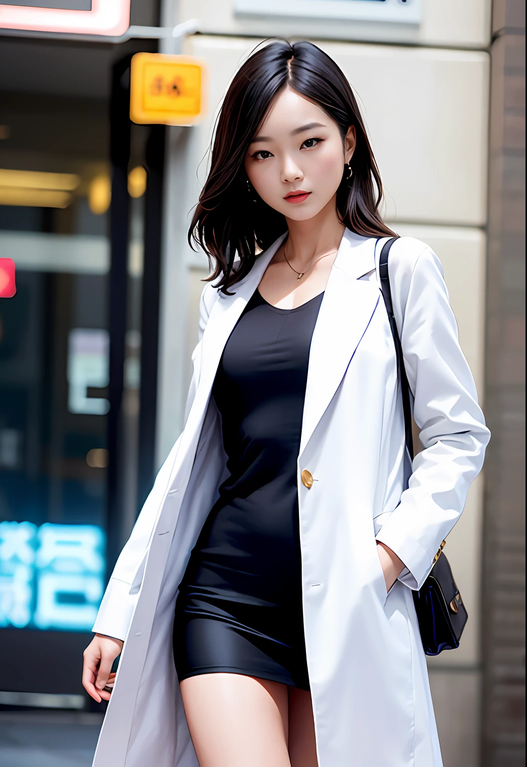 solo, (office lady,white coat,), 半身照,牛仔照, city_lights, (looking viewer:1.3), 唇裂, red_lips, 有光泽的皮肤, skindentation, best quality, ultra high res, (photorealistic:1.4 ),