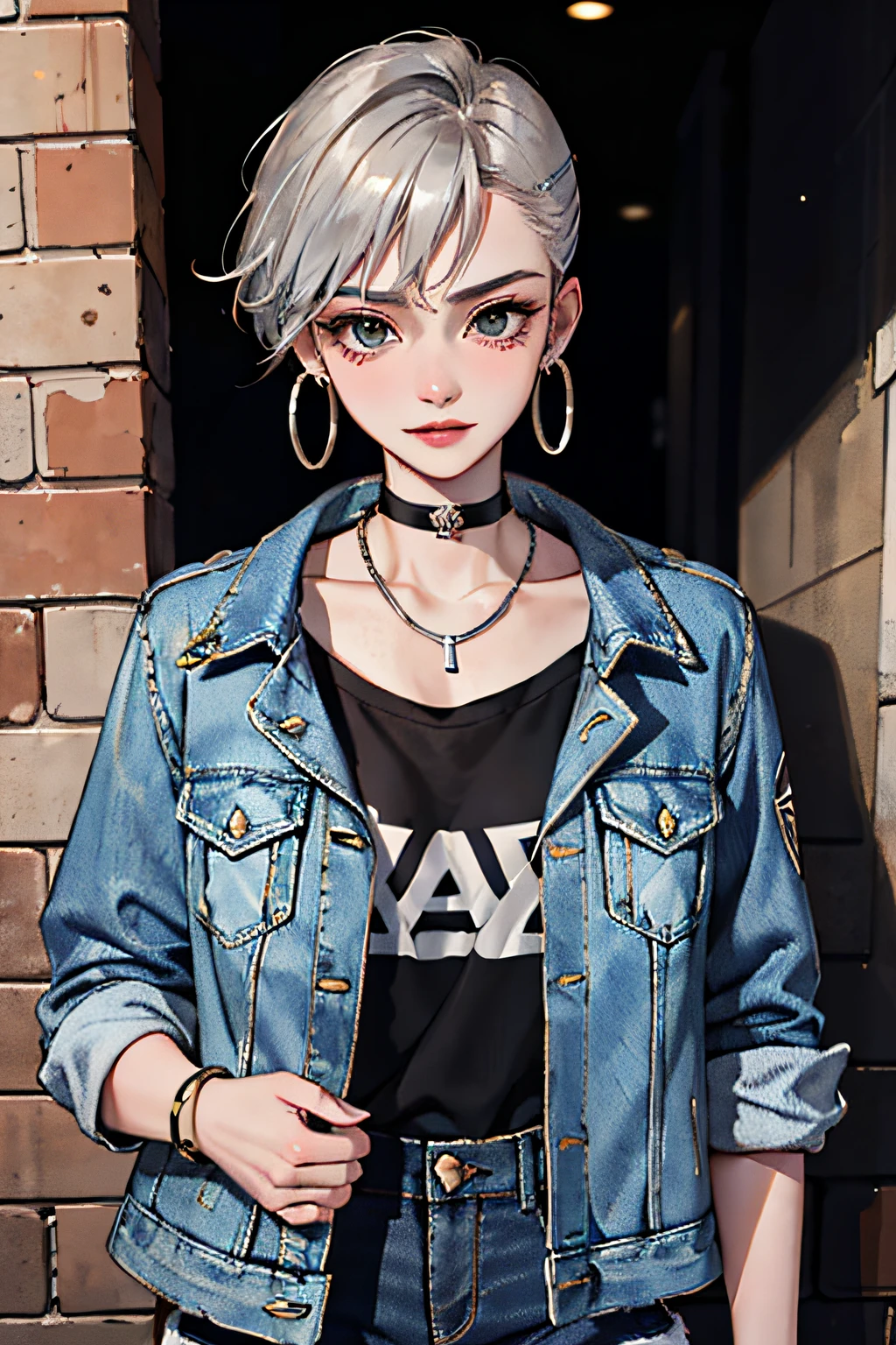 (masterpiece:1.2, best quality), (1lady, solo, upper body:1.2), Hair: buzz cut, Clothing: oversized, distressed denim jacket with patches and pins, paired with black skinny jeans and combat boots, Accessories: silver hoop earrings and a black choker necklace, Hanging out in an underground music venue or street art exhibit