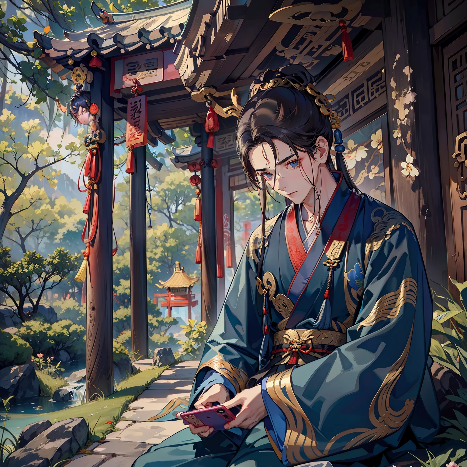 (A young man in a Taoist robe,One hand touches his head)
(Look down at your phone)
(A dilapidated Taoist temple)